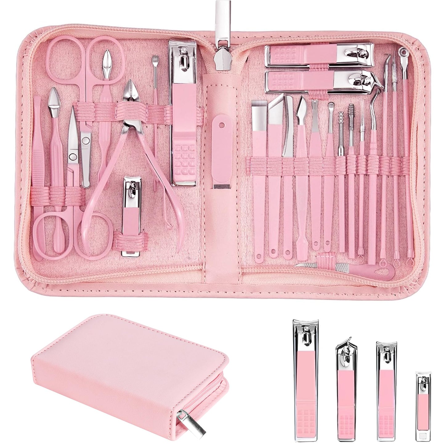Nail Clippers Set, 26 Piece Manicure Set & Pedicure Kit, Stainless Steel Fingernail & Toenail Clipper Cutters, Professional Nail Care Tools with Luxurious Travel Case for Men and Women, Pink