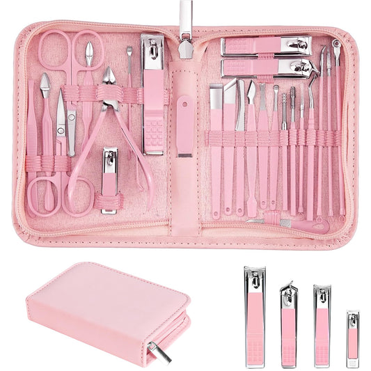 Nail Clippers Set, 26 Piece Manicure Set & Pedicure Kit, Stainless Steel Fingernail & Toenail Clipper Cutters, Professional Nail Care Tools with Luxurious Travel Case for Men and Women, Pink