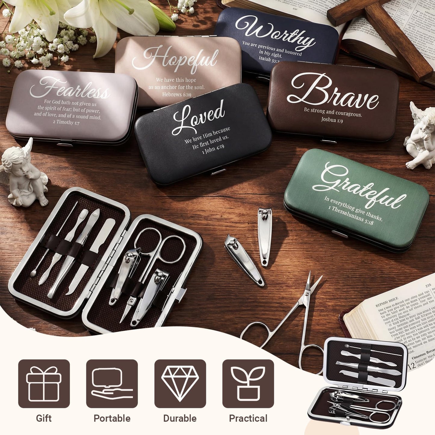 ElaraBerry 24 Set Christian Manicure Gift Set for Women Inspirational Bible Verse Stainless Steel Nail Clippers 7 in 1 Grooming Nail Kit Religious Appreciation Gift for Employee Teacher Mother Nurse