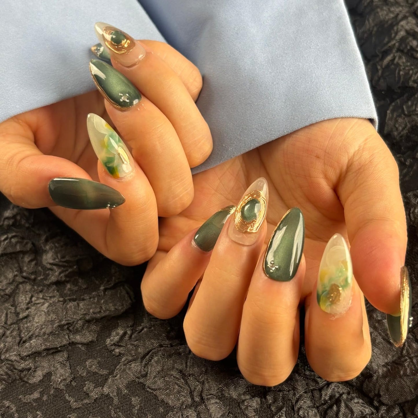AKA Unicorn Handmade Press On Nails Short Almond, Greenish - Grey & Translucent Acrylic Fake Nails with Gold Accents, Luxury Press On Nails with Charm Design for Wedding & Party Wear(AKA 014, Long)