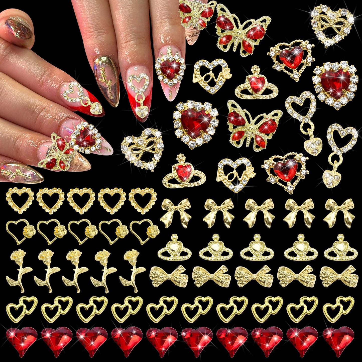 RODAKY 64PCS Red Heart Nail Charms Valentine's Day Nail Jewelry Crystal Butterfly Heart Gems for Nails Art Gold Bow Rose Flower Nail Decoration for Women Manicure Vday