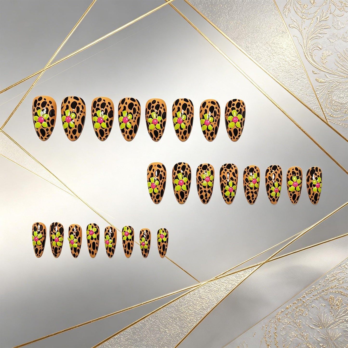 Leopard Print Press on Nails With Y2K Design, Glossy Yellow Flower Fake Nail, Medium Almond False Nails Cheetah Glue on Nail, Floral Stick on Reusable Acrylic Fingernails for Women Daily Wear