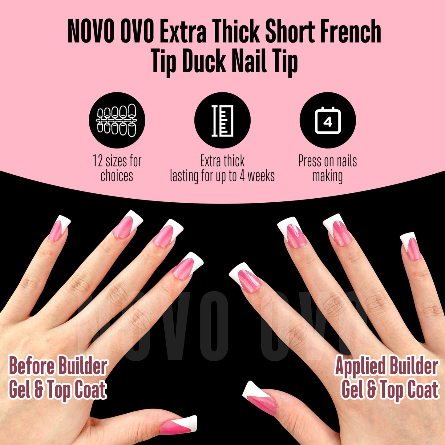 NOVO OVO Short Duck Nail Tips French Tip Press On ROSE PINK with Glitter, Soft Gel Nail Extension, Need Buider Gel Top Coat, No Glue included, Full Cover Acrylic False Nails for DIY x 12 Sizes 240 pc