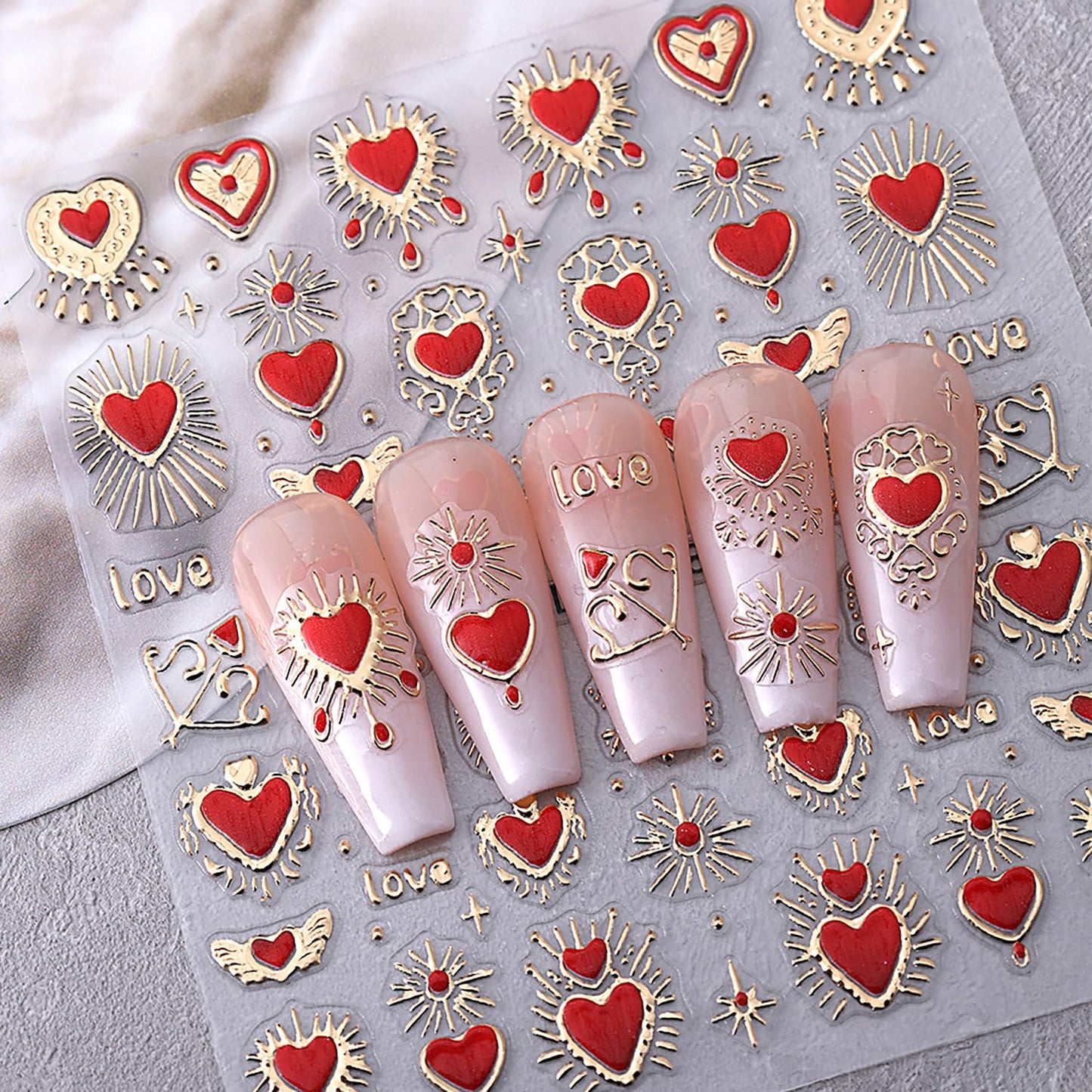 2 Sheets Red Heart Nail Stickers 3D Self-Adhesive Gold Silver Nail Decals Sun Moon Star Nail Stickers Bohemia Manicure Decorations for Women