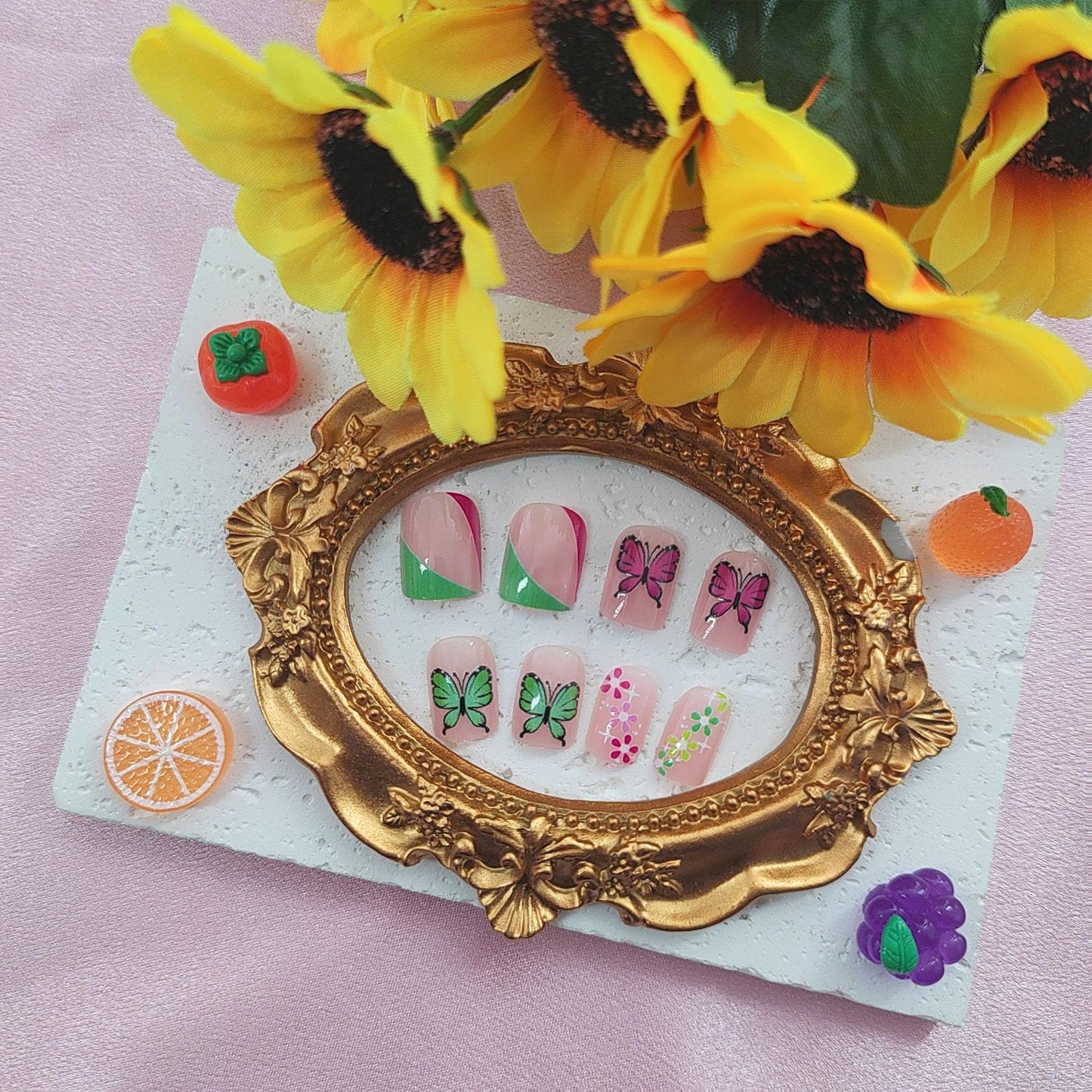 Square Press on Nails Short Fake Nails with Colorful Flower Butterfly Designs Green French Nails Press ons Glossy Glue on Nails Spring Summer False Nails Nude Stick on Nails for Women 24Pcs