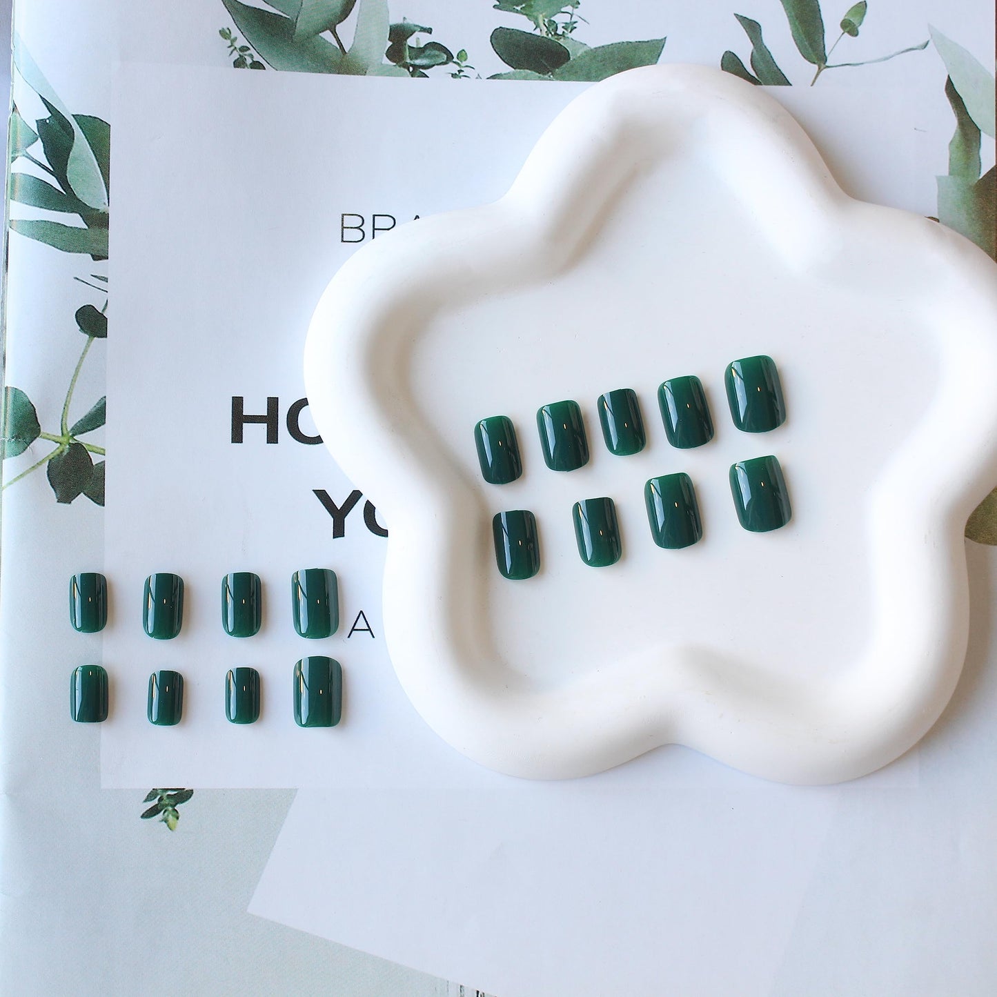 KQueenest Acrylic Press on Nails Short Square Dark Green Nails Set Glazed Fake Nails Press on Acrylic Nails Pure Short Nails Glue on Real Stick on Nails for Women Fall Winter Wear
