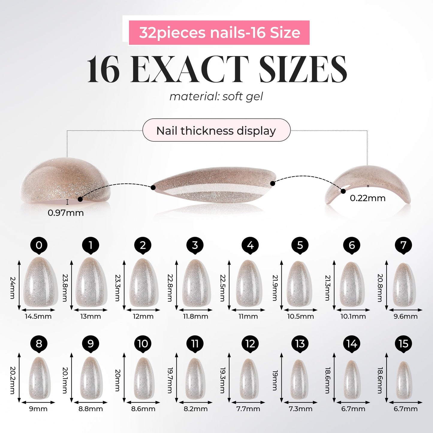 UNA GELLA 32Pcs Soft Gel Press on Nails - 16 Sizes Silver Cat Eye Almond Glue on Nails, Reusable Glitter False Nails, Full Cover Acrylic Nail Kit for Women DIY Home Manicure
