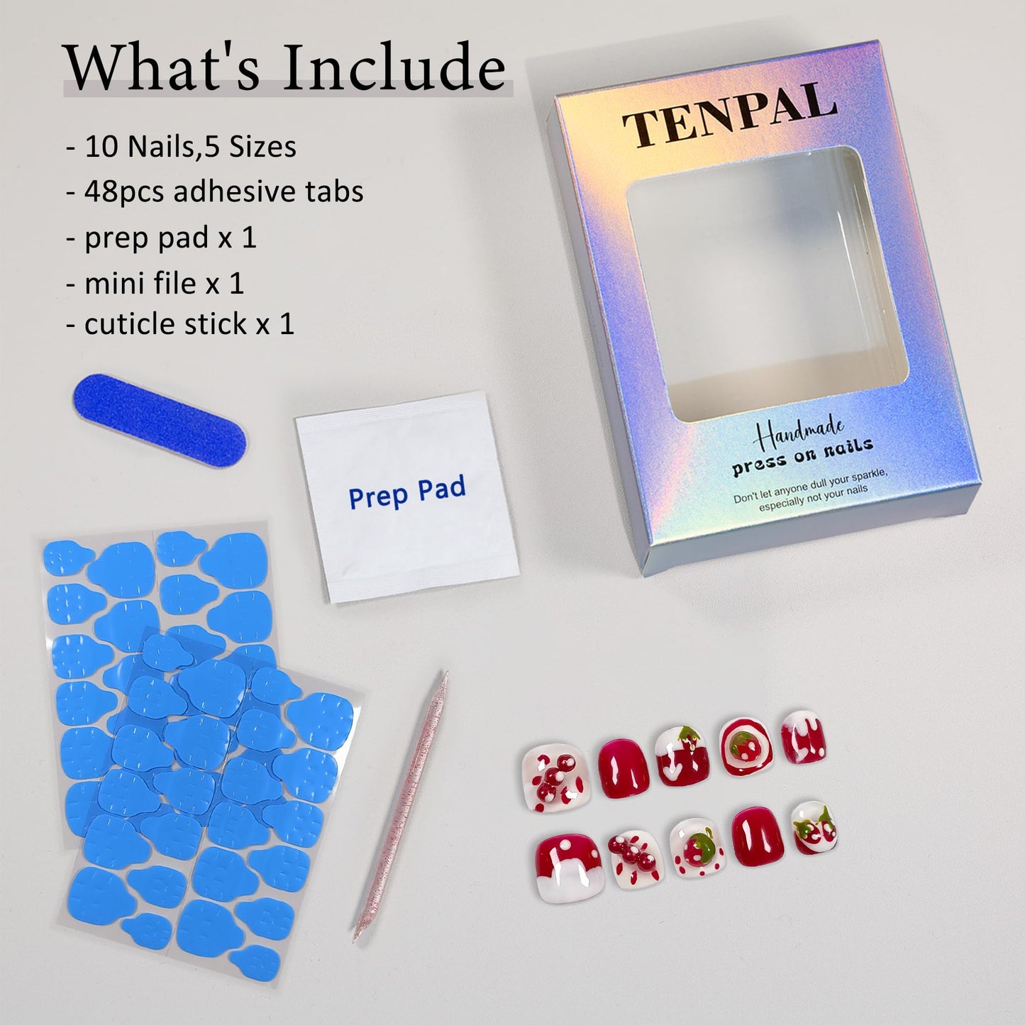 TENPAL Handmade Press on Nails for 3-12 Year Olds Girls,Resuable Gel Fake Nails with Tools for Children,Cute Nails with Lovely Strawberry Designs,Short Nails for Girls Kids Nail Art 10pcs Size(M)