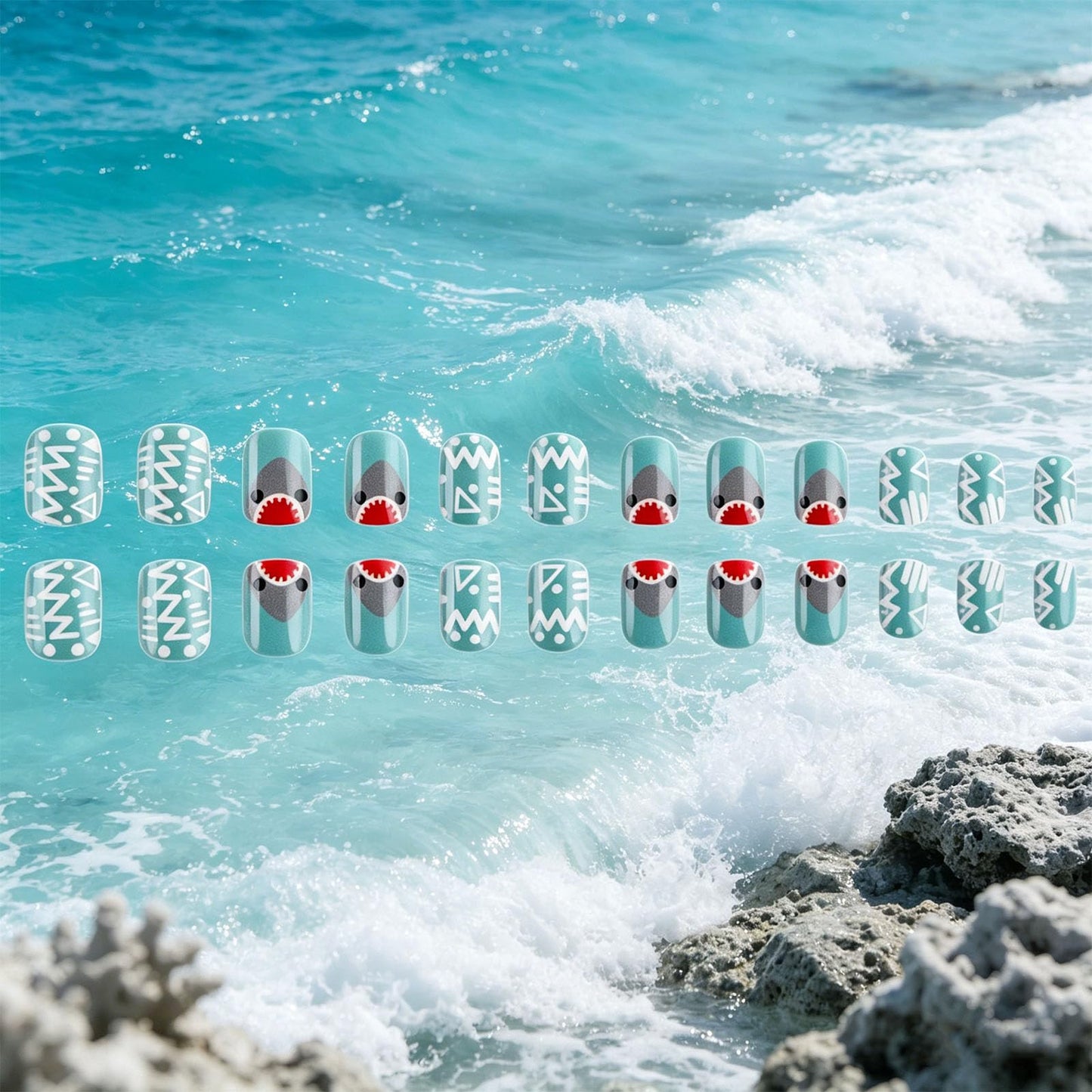 Cute Shark Short Square Press on Nails with Cartoon Design Glossy Blue Fake Nail Tribal Geometric False Nails Summer Glue on Artificial Fingernails Ocean Full Cover Stick on Nail for Women Wear
