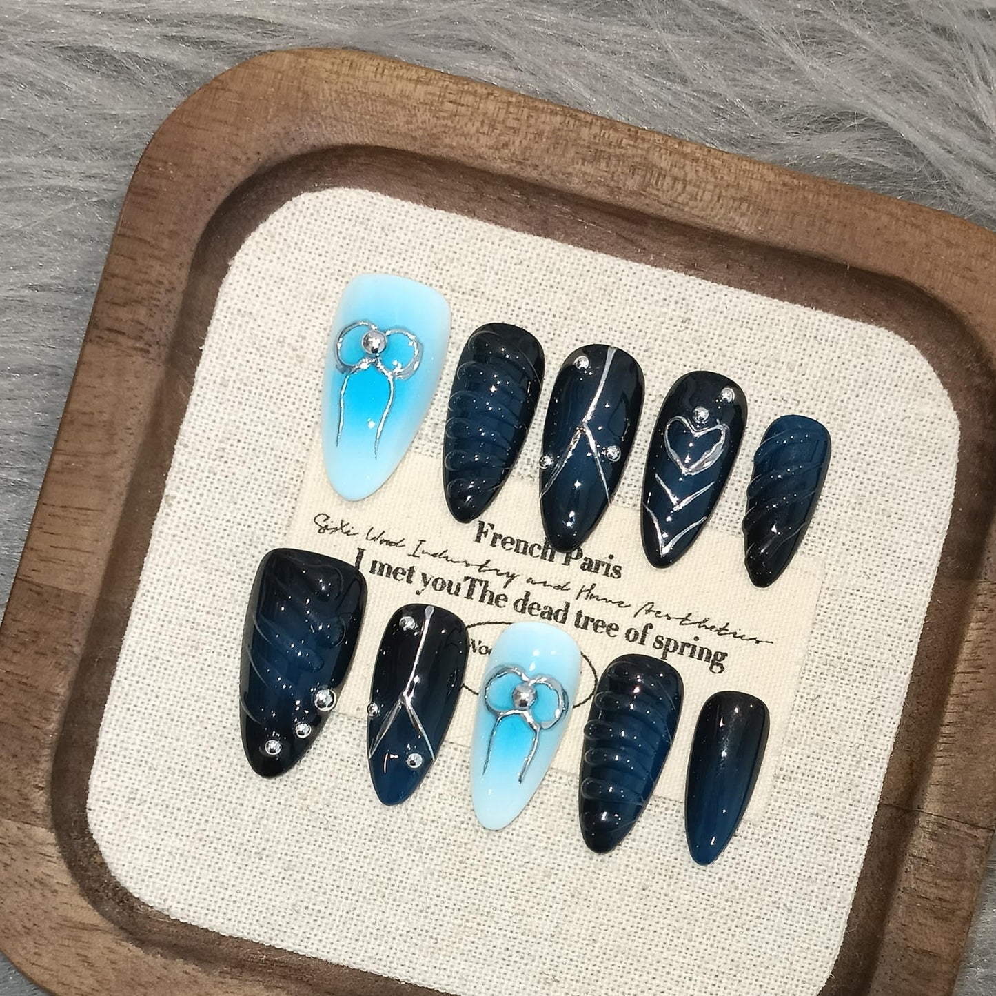 TENPAL Metal Embellished Fake Nails Almond Shape,Navy Blue Glossy Fake Nails with Silver Bows & Steel Beads,3D Water Drop Design Handmade Soft Gel Nails,Sweet Acrylic Press on Nails,10pcs S Size