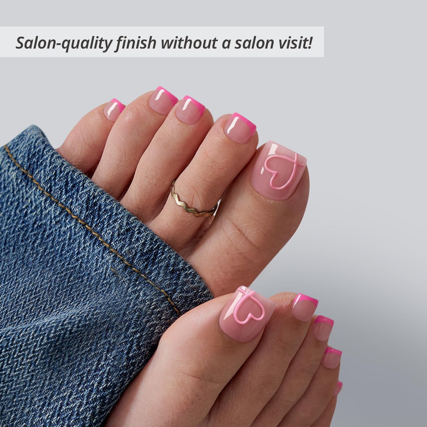 BTArtbox Press On Toenails - Soft Romance, Lamp-Curable 4-Week Wear Hot Pink French Tip Square Toe Nail Press Ons with Glue and Adhesive Tabs, Easy-to-Apply in 15 Sizes - 30 Toenails All-in-One Kit