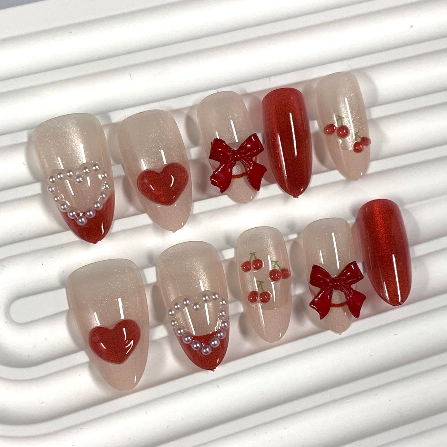 BABALAL Press on Nails Medium Almond Red Pink French Tip Fake Nails 3D Heart Cherry Design Handmade Cat Eye Shiny Acrylic Glossy Full Cover Glue on False Nails for Women and Girls 30Pcs Reusable