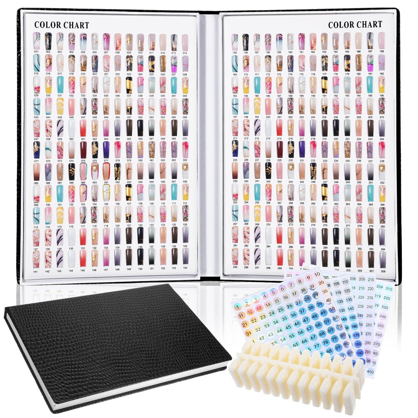 Xosjska 308 Nail Color Display Book Nail Swatch, Black Nail-Gel Polish Display Card Book Professional Salon Fingernail Art Booklet with 240 Practice Tips and 1-400 Number Labels, Black