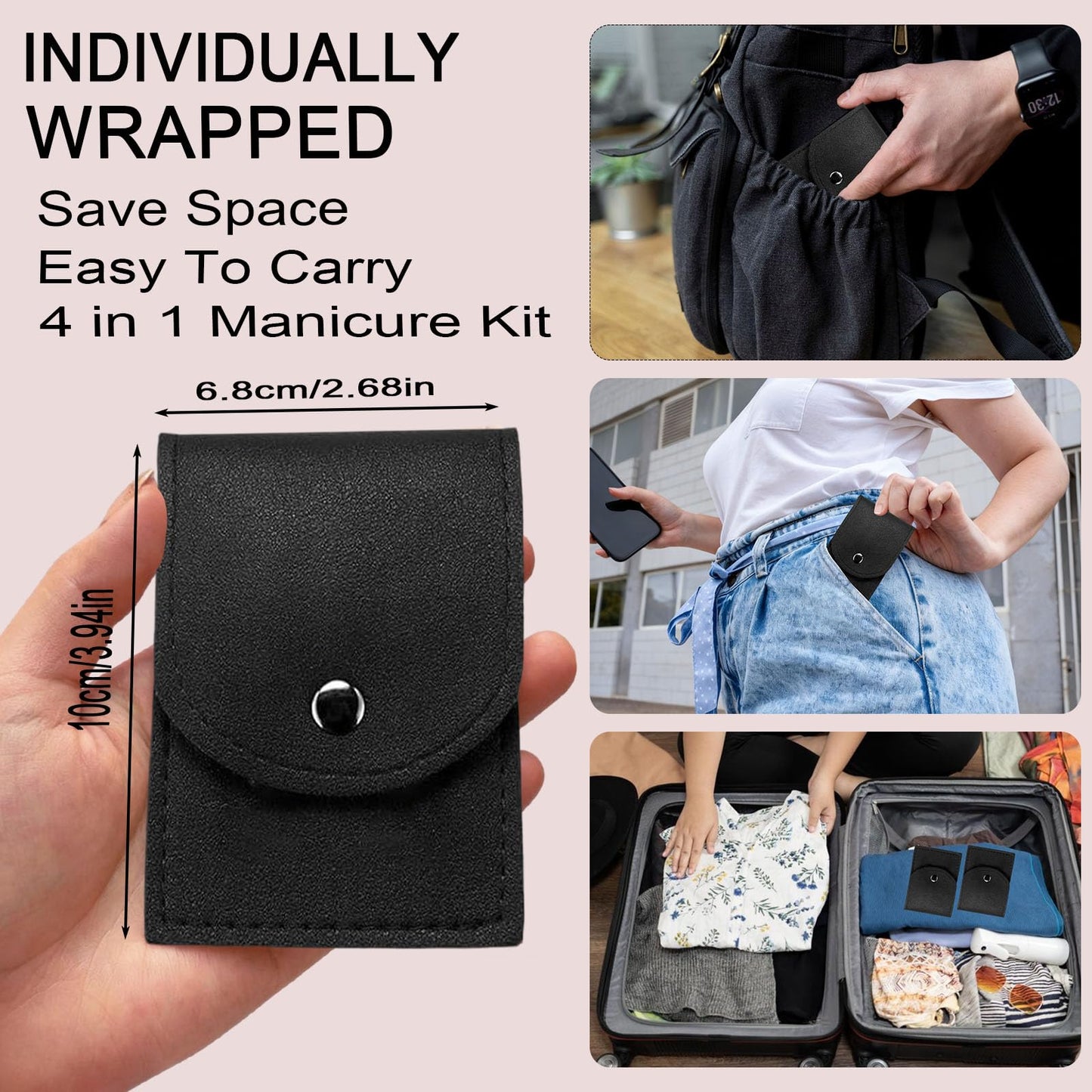 16 Sets Travel Manicure Set Professional Nail Clipper Kit Bulk,4 in 1 Adult Stainless Steel Travel Manicure Kit with Case Individually Wrapped Nail Clippers Bulk for Homeless,Hotel,Charity（Black）