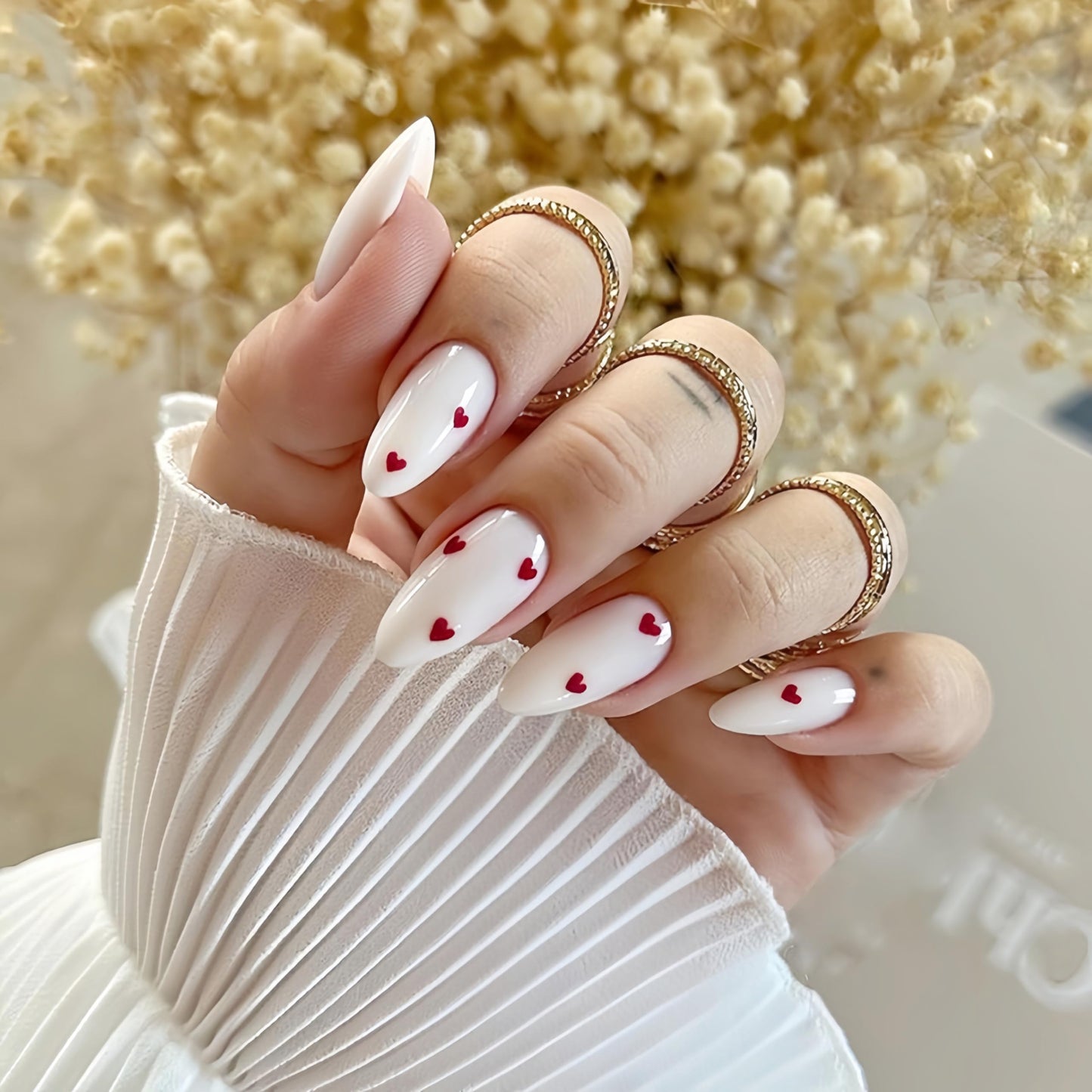 Almond Press on Nails Medium Fake Nails All White Stiletto Acrylic Nails Glossy with Wine Red Heart Designs Artificial Cute Valentines Heart False Nails for Women Girls Valentine’ s Wedding Manicure