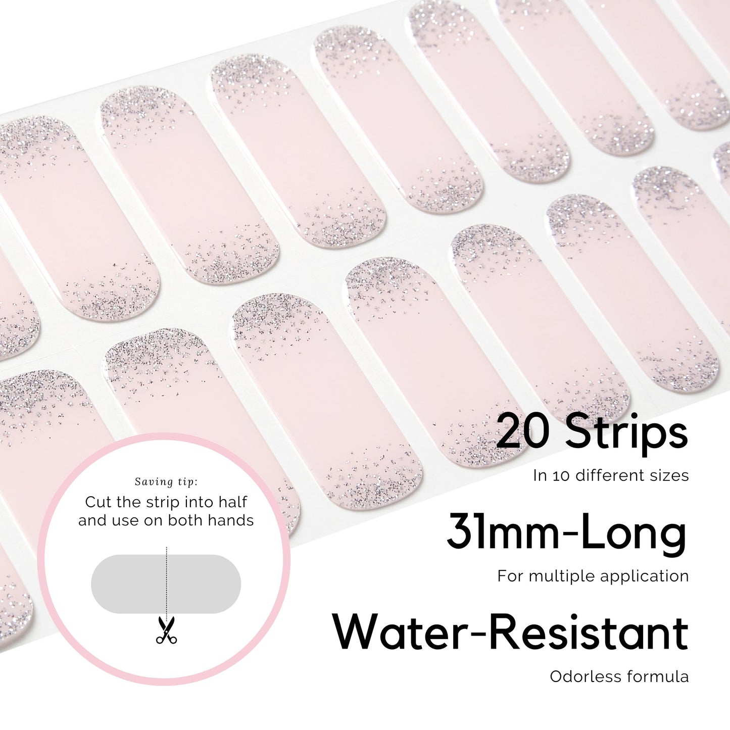 Semi Cured Gel Nail Strips - NAILOG 20 Pcs Pink Glitter Nail Stickers Extra Long Wraps with Glossy Gel Finishing for Spring Summer, Pearl Gleam