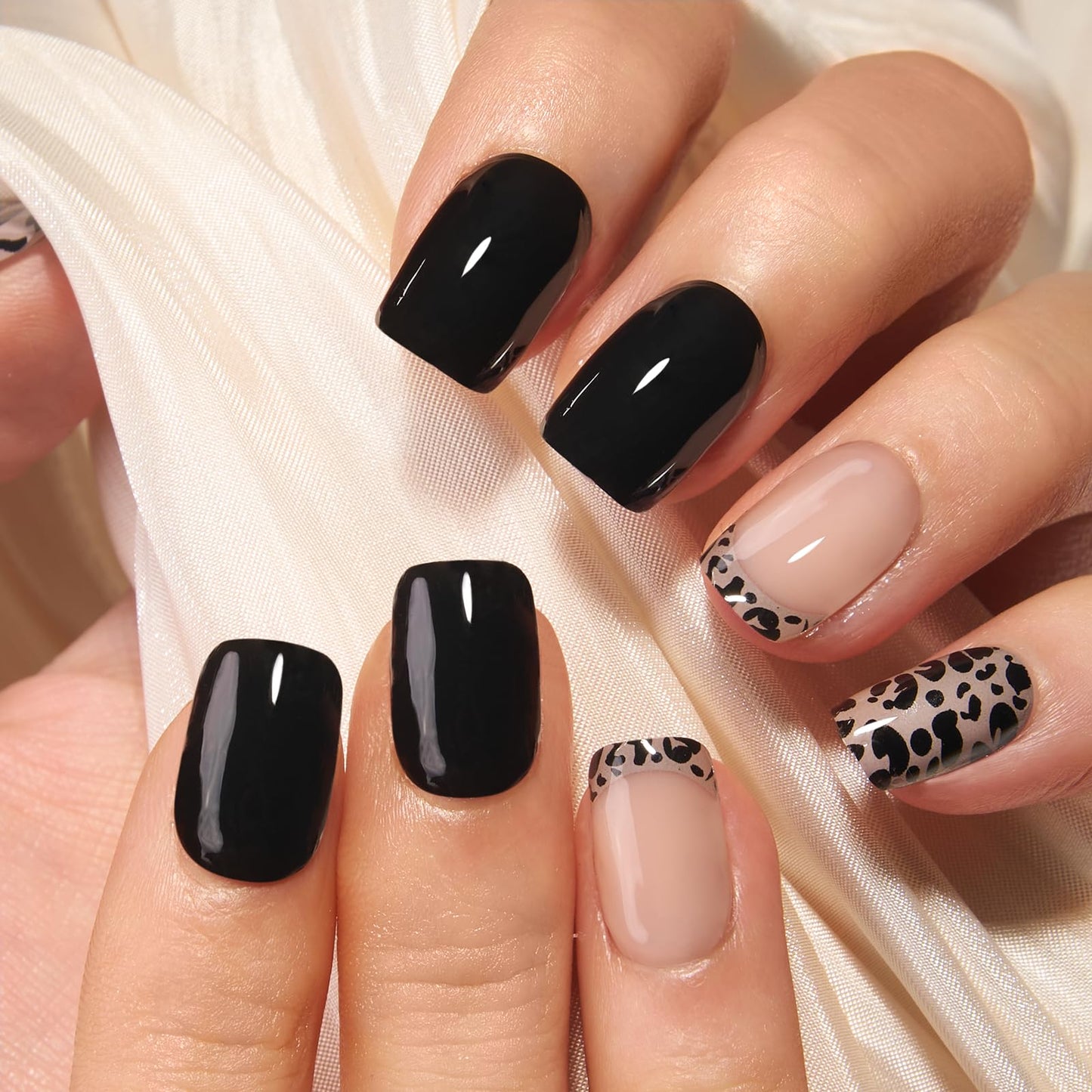 Curvlife 30pcs Press on Nails, Soft Gel Short Square Fake Nail with Leopard Print Apricot Design, Full Cover False Nails Tips Glossy Nude Glue on Nails Artificial Stick on Nails for Women
