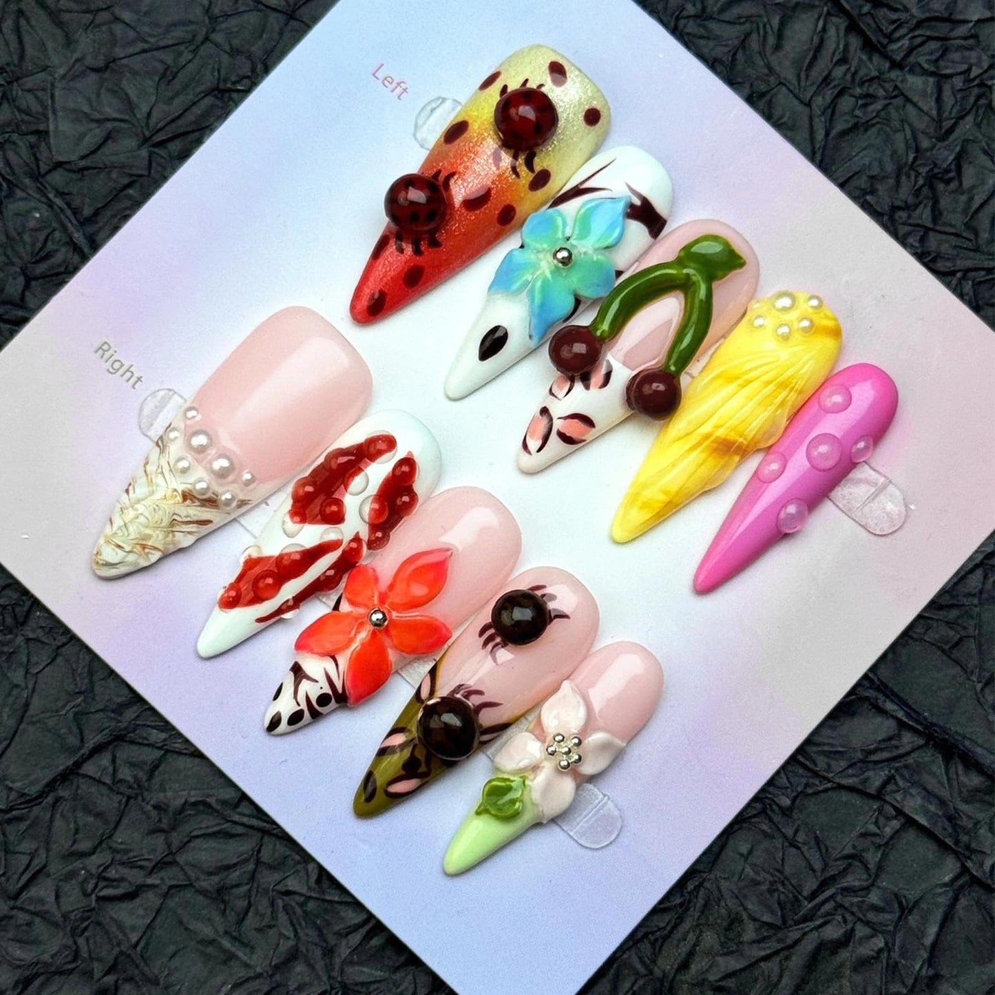 Handmade 3D Sweet Retro 3D Floral Stiletto Press On Nails, Playful Colorful Rhinestone Artisan Nails Set, Reusable Glossy Press-ons with Tool Kit(M)