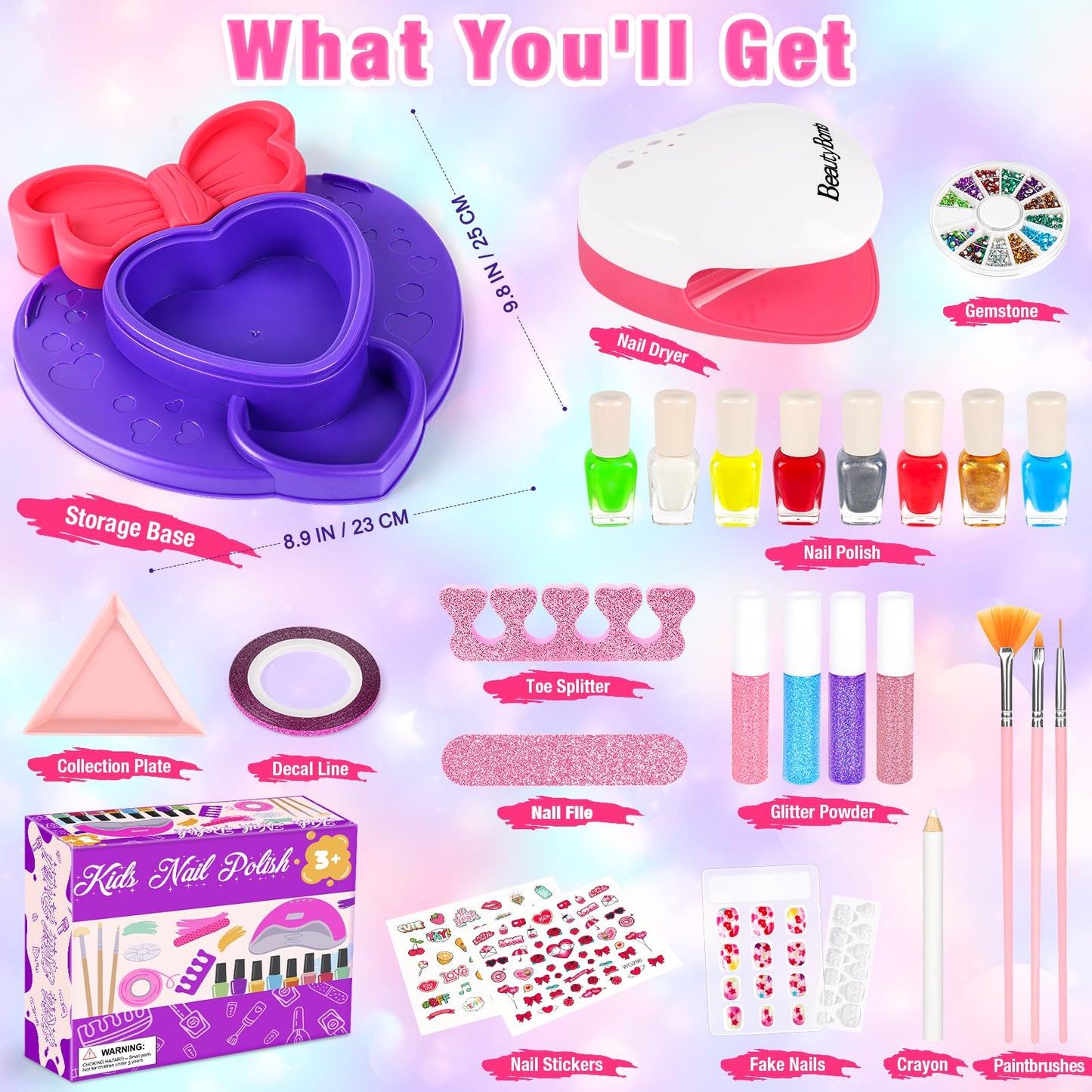 Meaicezli Kids Nail Polish Set for Girls, Nail Art Kit with Nail Dryer, Non-Toxic Nail Polish for Kids with Glitter and Fake Nails, Girl Toys Christmas Birthday Gifts for Girls 8-12