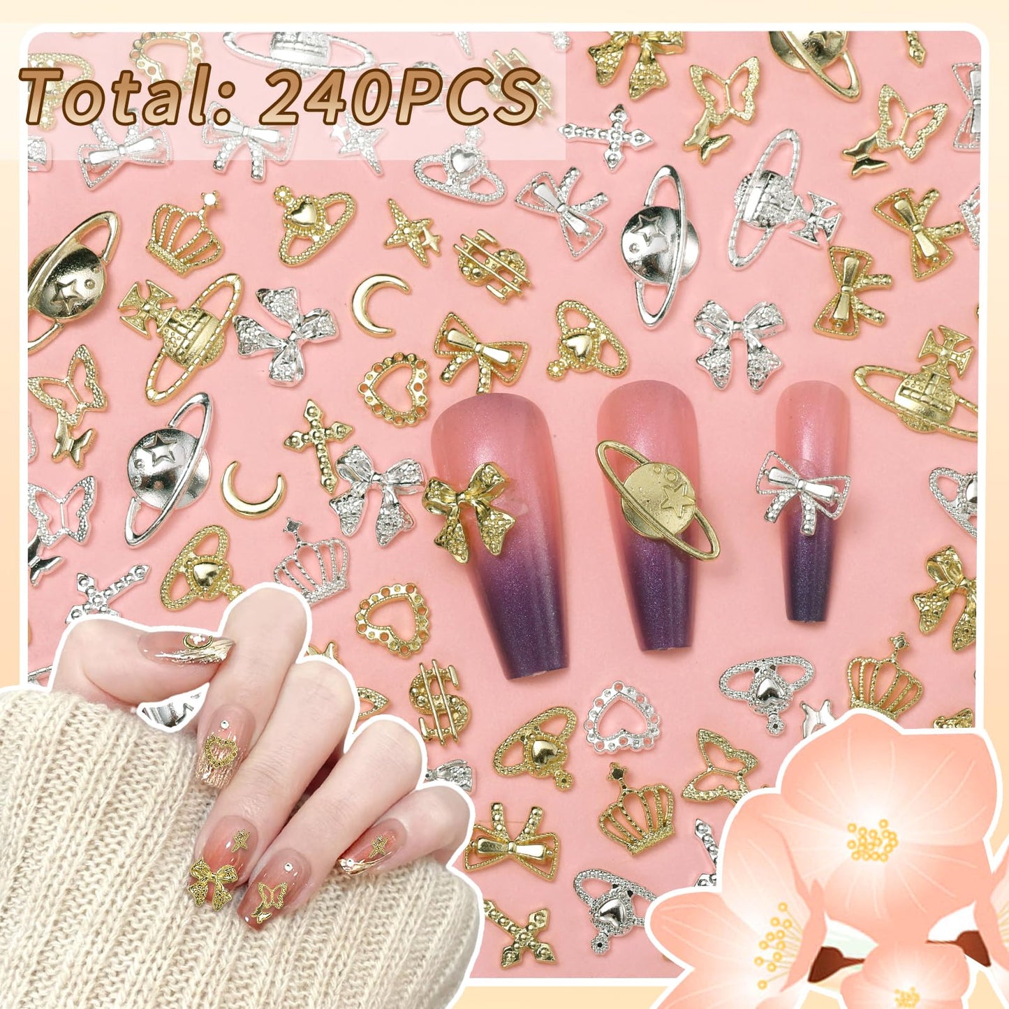 240 Pcs Alloy Gold Silver Nail Charms, Heart Star Butterfly Bow Moon Crown Cross Dollar Planet Nail Art Charms, 3D Y2K Metal Gold Silver Nails Charm and Gem for DIY Nails Design Craft
