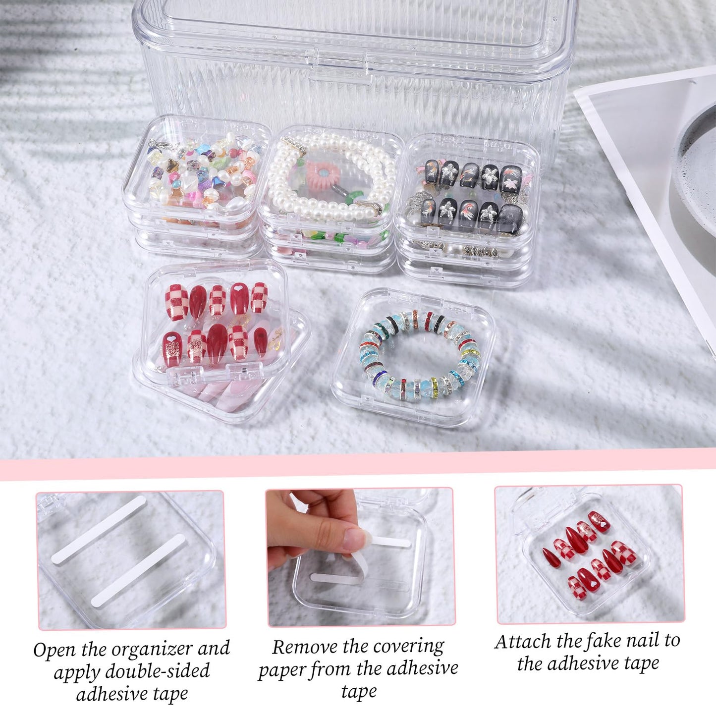 COMNICO Press On Nail Packaging Box 14 PCS Clear Press On Nail Storage Boxes and 1 Big Storage Box with 54 Pcs Adhesive Double Sided Tape, Acrylic Nails Display Case Independent Packaging Dustproof