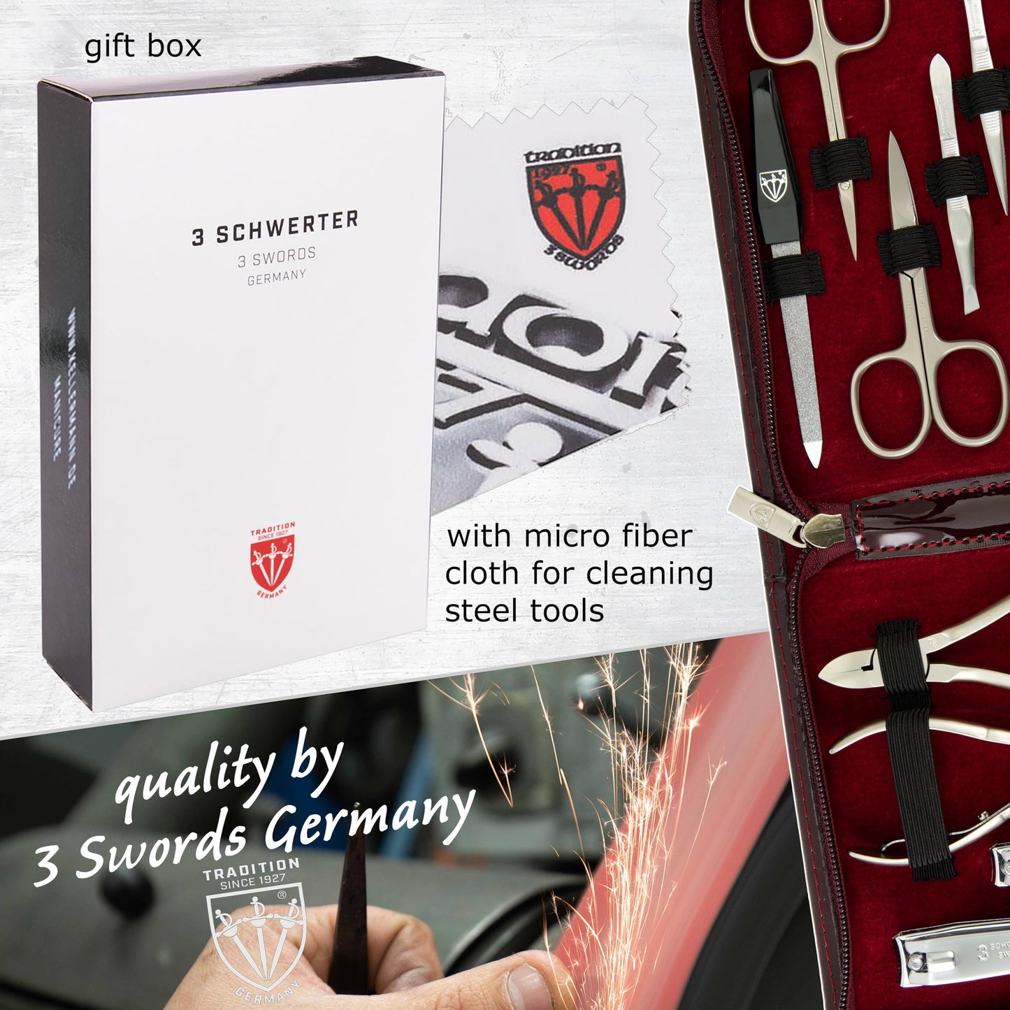 3 Swords Germany - brand quality 12 piece manicure pedicure grooming kit set for professional finger & toe nail care with burgundy synthetic leather case - Made in Germany