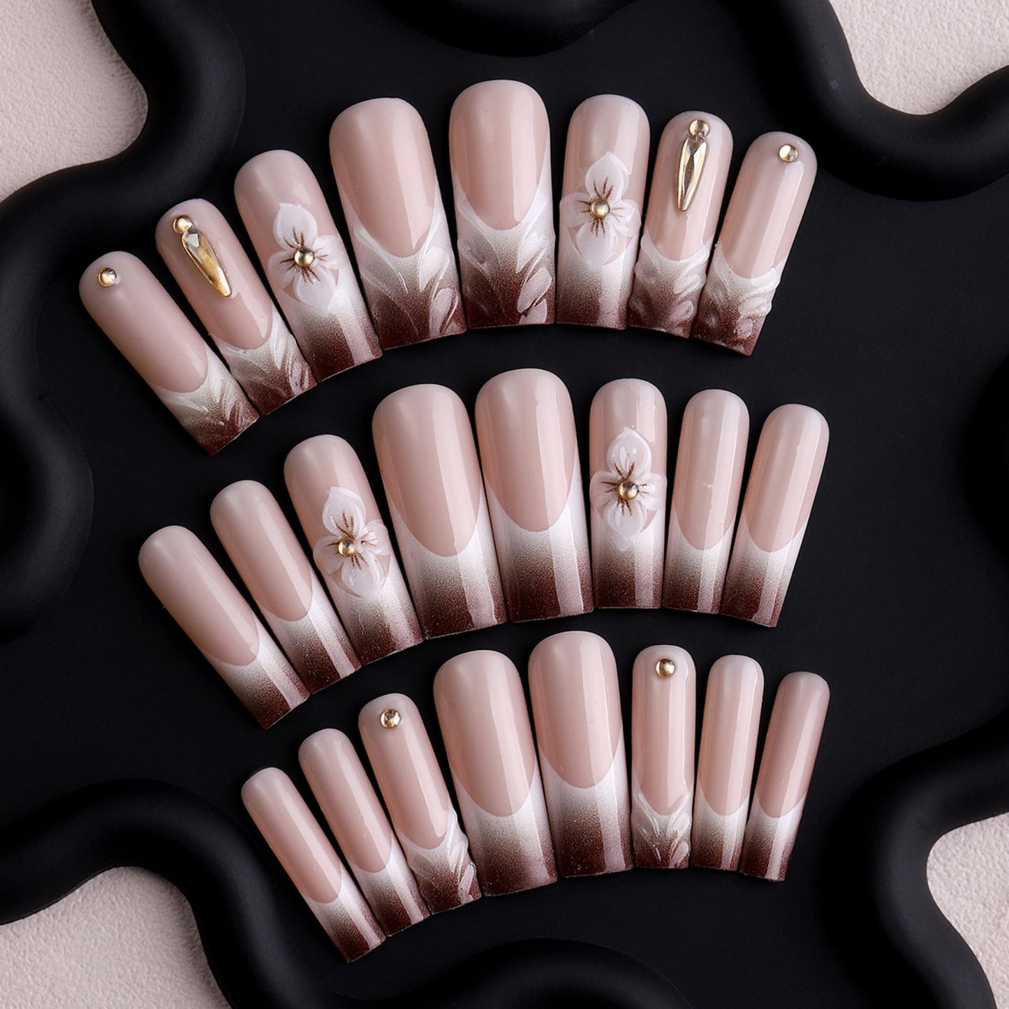 Octoswave Square Press on Nails Medium Fake Nails Brown French Artificial Nail Flowers and Embossed Stick on Nail for Women 24pcs
