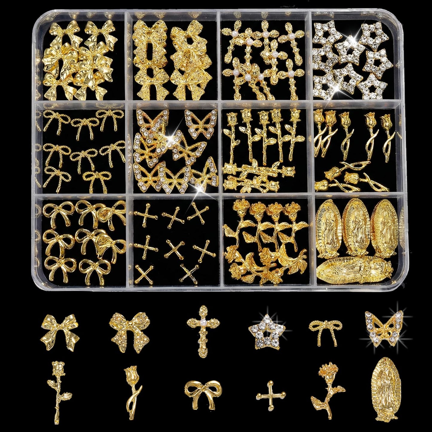 ZUMILLMN 96PCS 3D Nail Charms - Gold Alloy Bow, Rose,Butterfly,Cross,Star,Virgin Mary & Coin Charms, Shiny Nail Rhinestones for Nail Art, Manicure, DIY Jewelry Making（96pcs）