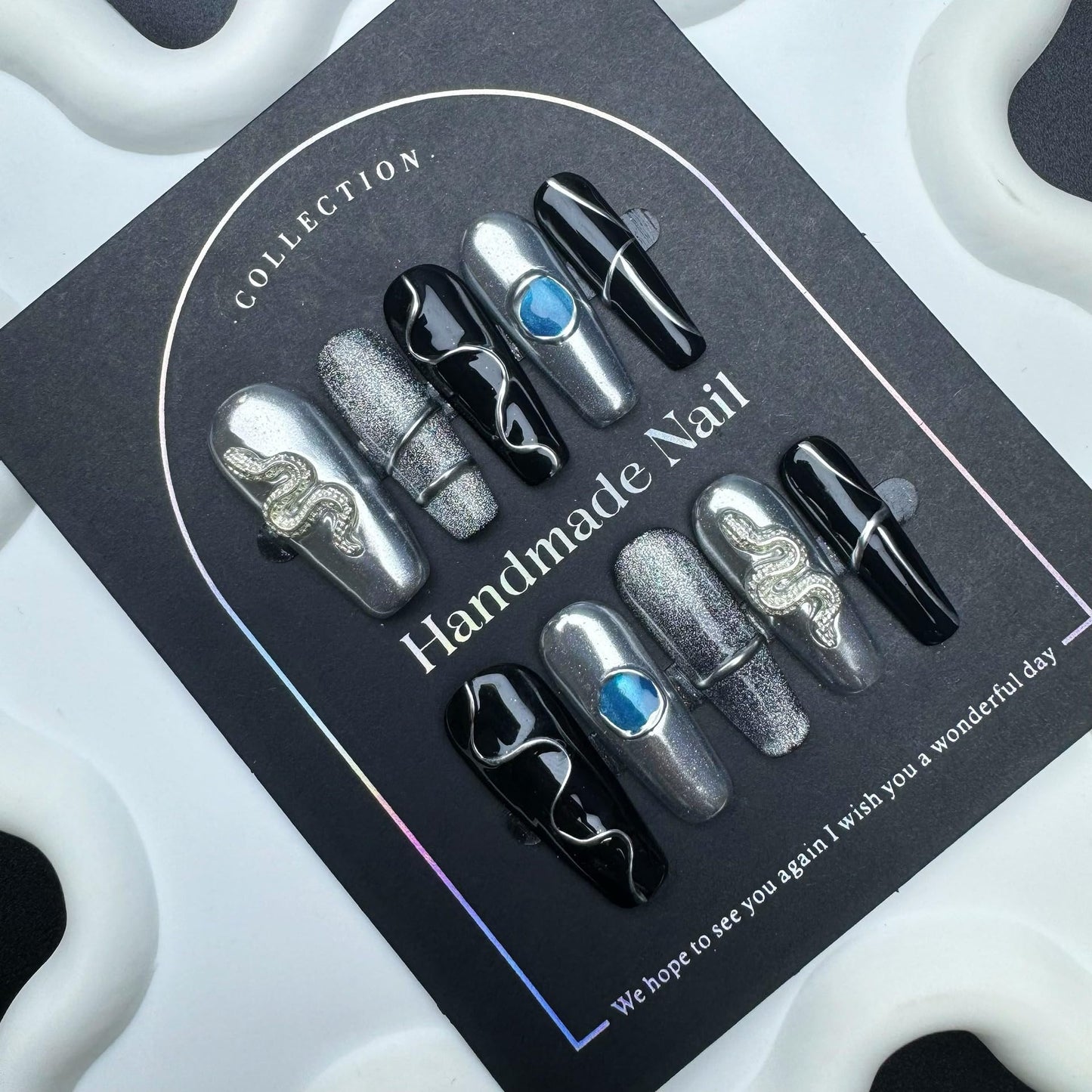 100% 5D Handmade Press on Nails with Snake Charms Medium Coffin Nails Press ons Balck Silver False Nails Cruve Line Press on Nails Fall Fake Nails for Women Girls Daily Wear DIY Manicure Size L