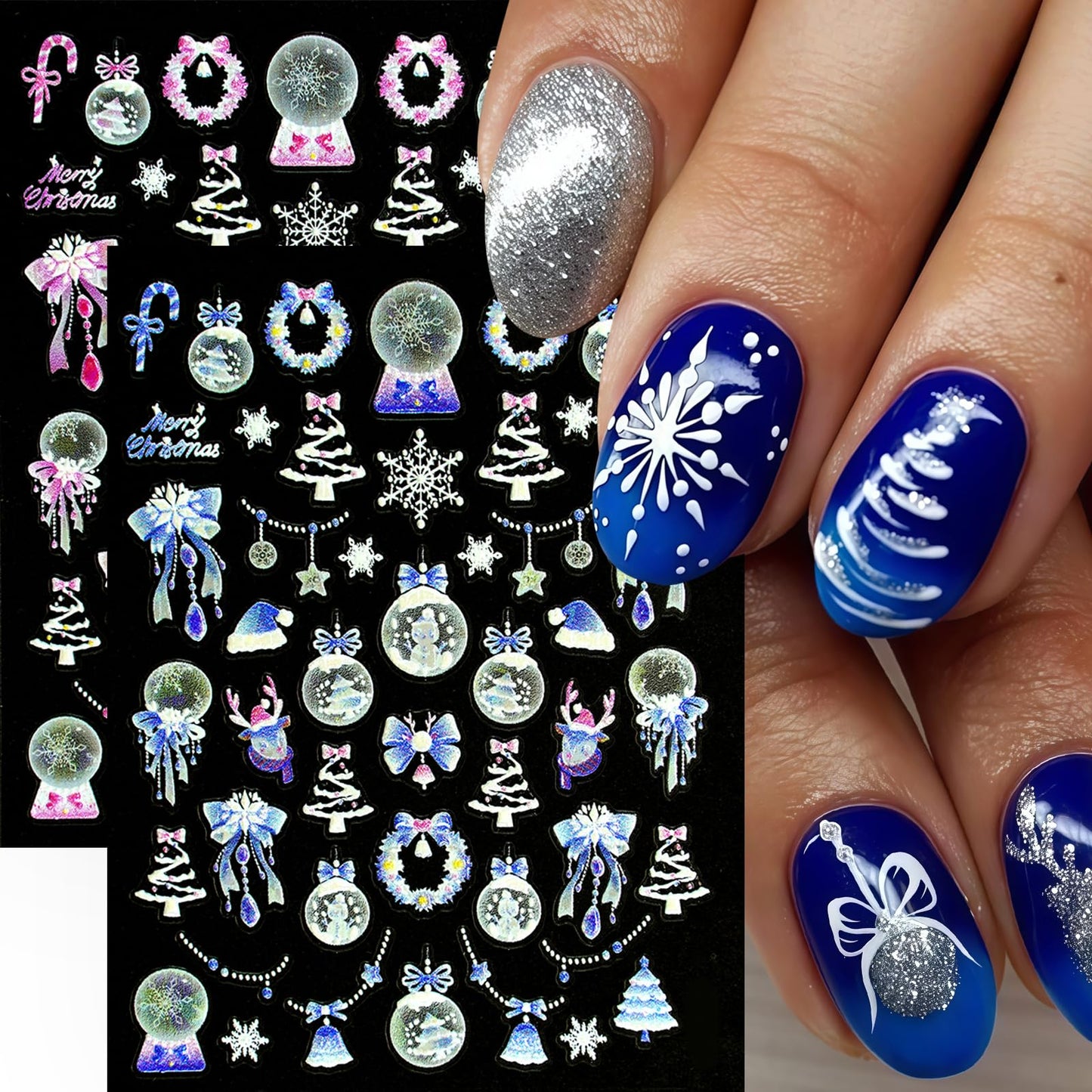 4 Sheets 5D Embossed Christmas Nail Art Stickers Pink Blue Fireworks Christmas Tree Nail Stickers Self-Adhesive Snowball Tree Nail Decals for Women Winter Xmas Holiday Manicure DIY Nail Supplies