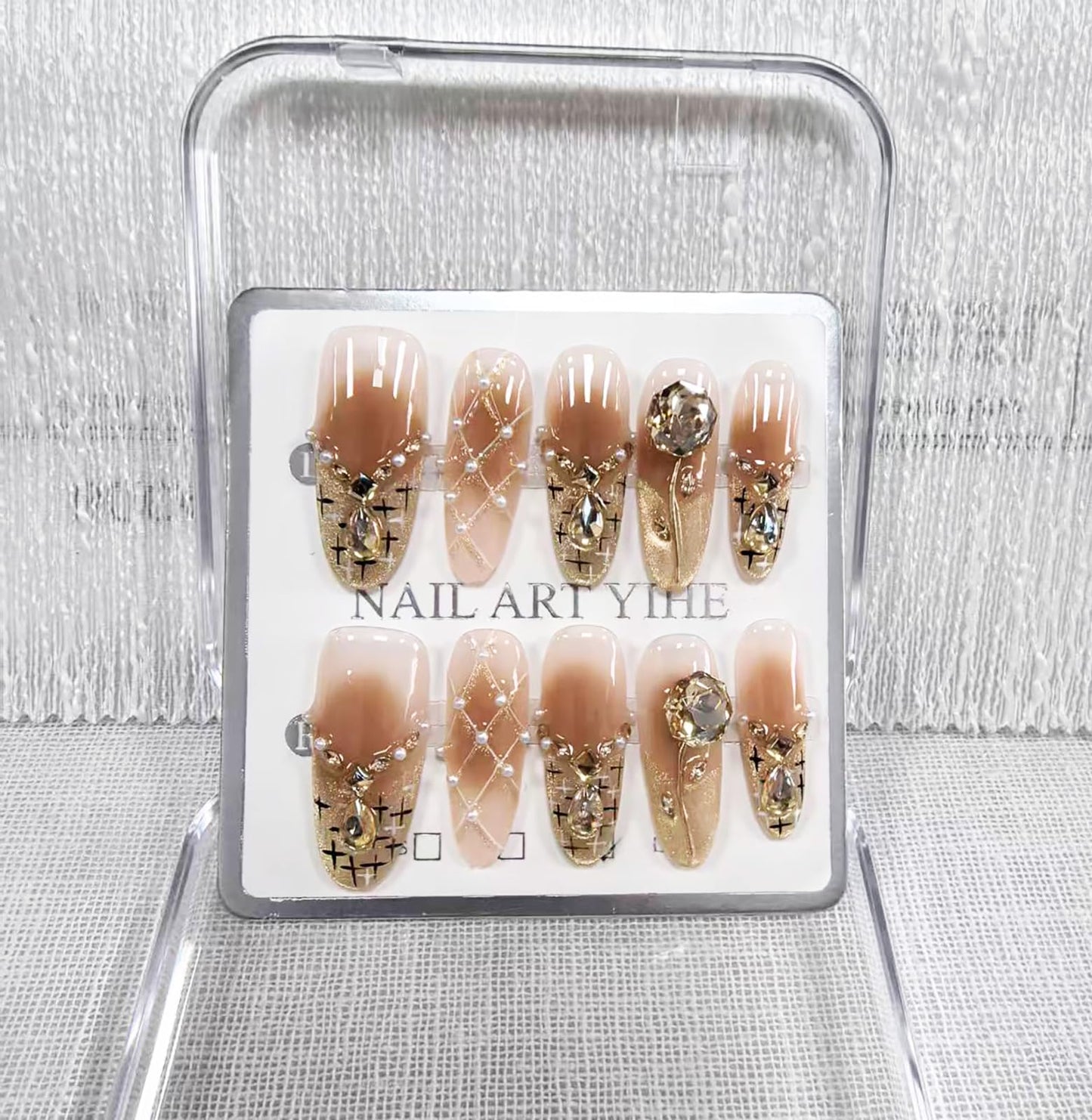 Handmade Press on Nails Long Stiletto Fake Nails French Tip with 3D luxury Rhinestones Designs Gold Glitter Cute Acrylic Nails for Women 10pcs (Size M）