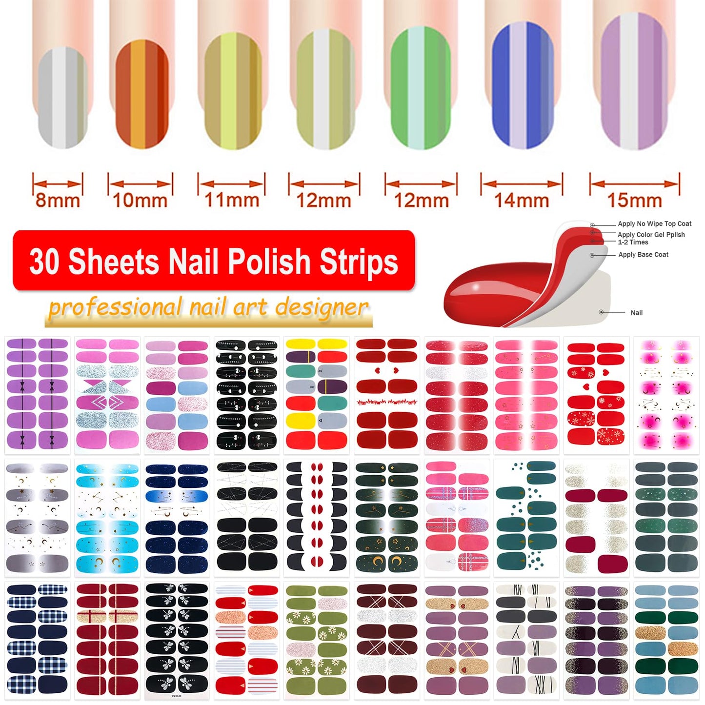 DANNEASY 420 Pieces 30 Sheets Glitter Nail Wraps with Nail File Nail Polish Strips Self Adhesive Nail Polish Stickers Nail Strips for Women Girl Salon Nail Art Accessories