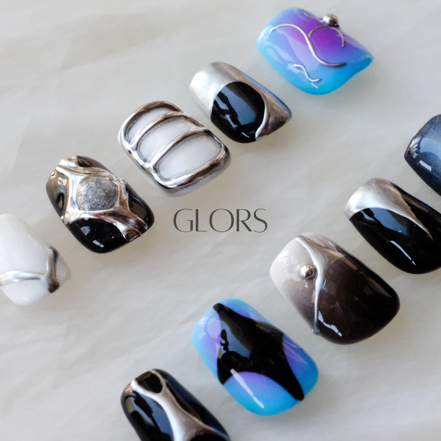 [GLORS] Purely Handmade Press On Nails | AI Cyberpunk Style Wearable Fake False Nails | Salon Quality with Metallic Short Nail Art in Short Square 10 pieces(XS,SS)