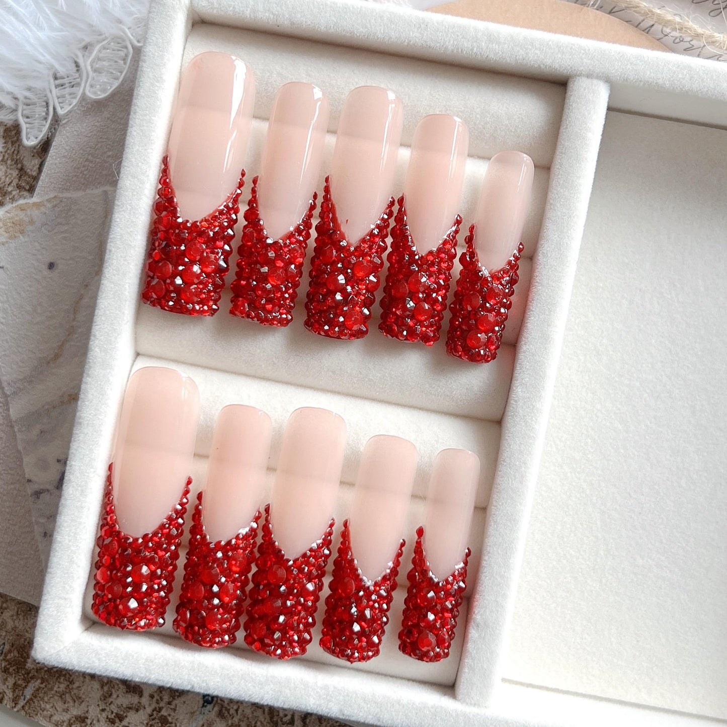 NAIL ANGEL 10pcs Handmade Press On Nail Tips Red Rhinestone French XXL Long Coffin Types Artifical Nails Party Nails Glitter Rhinestones ZJ-02(S)