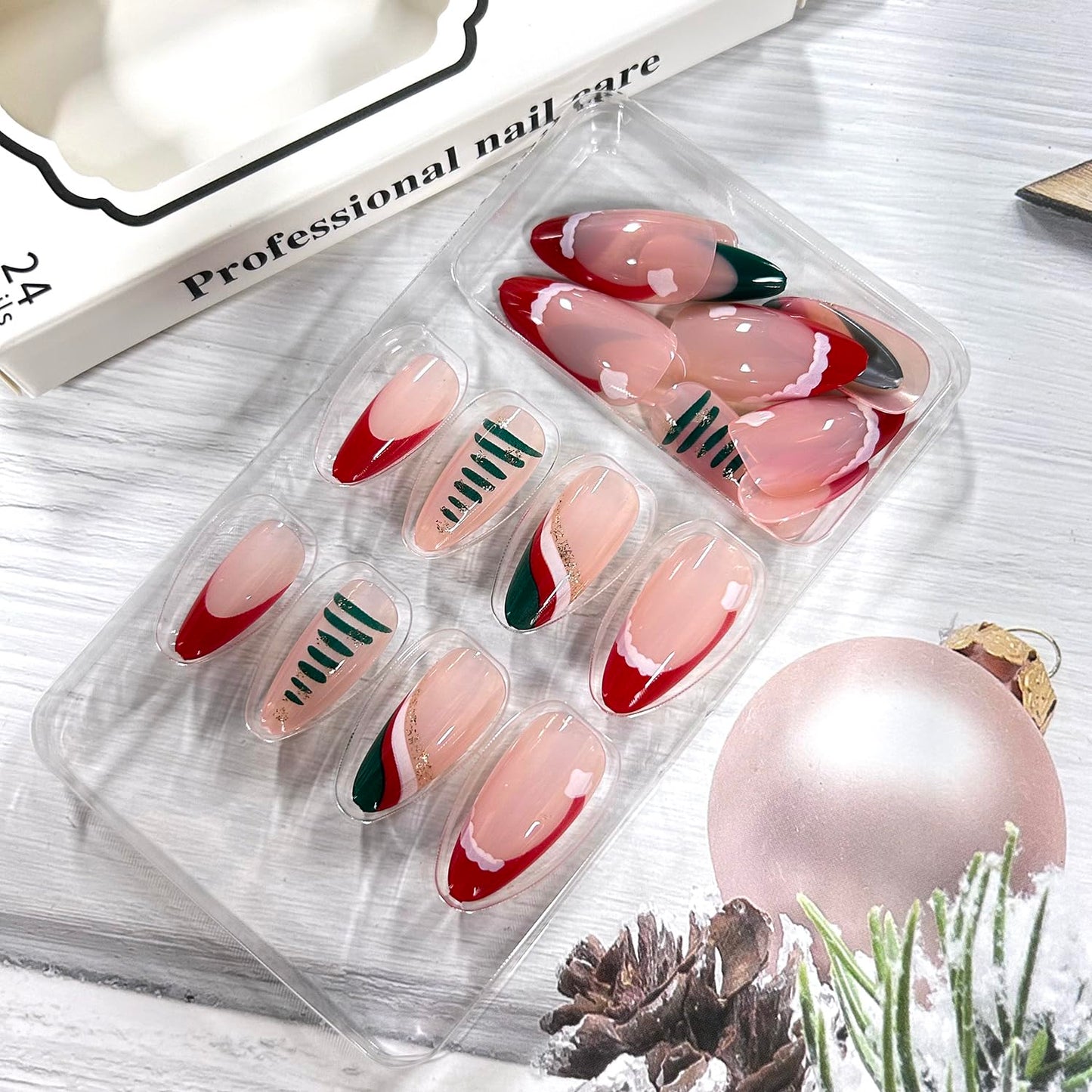 Christmas Red Press on Nails Medium Almond Artificial Acrylic False Nails Christmas Hat French Fake Nail Colorful Stripe Design Xmas Stick on Nail Winter Full Cover Artificial Fingernails for Women