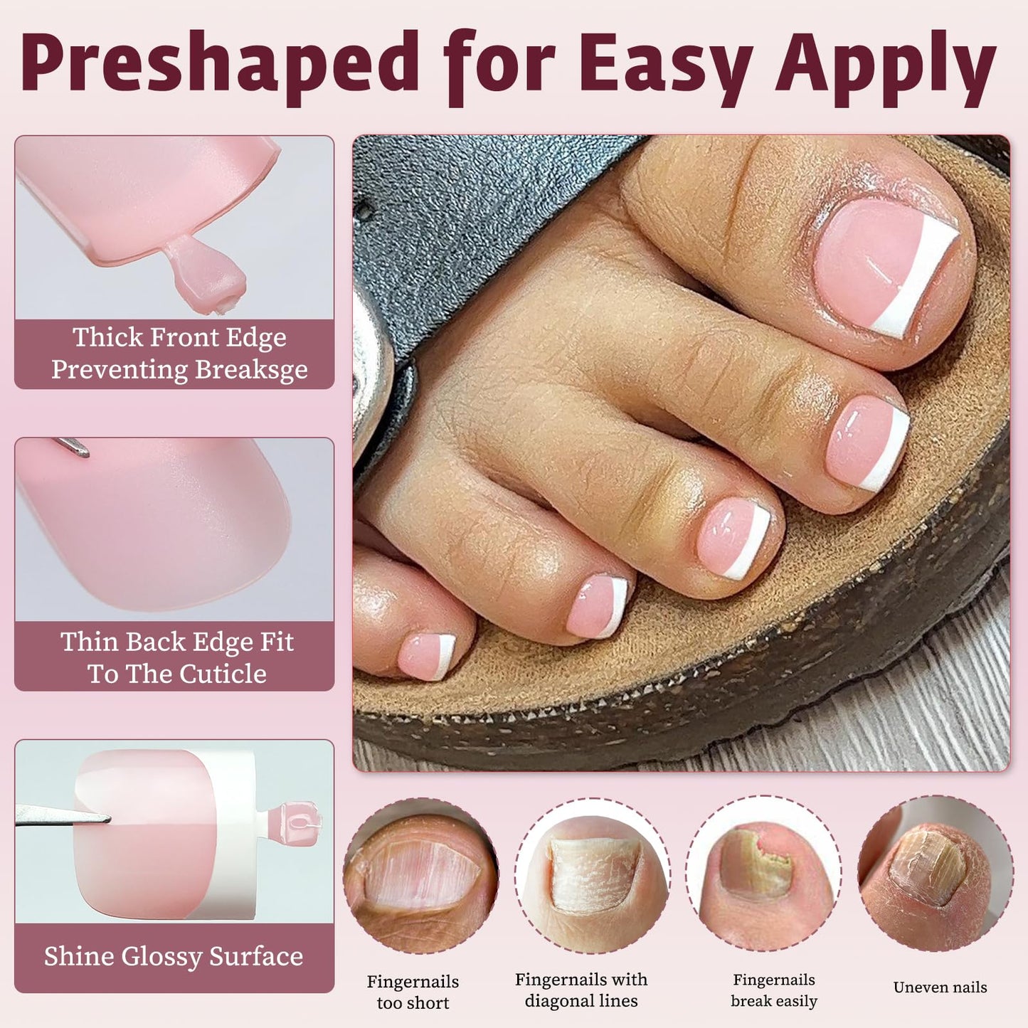 Bellelfin French Press On Toenails For Women with Nail Adhesive Tabs, 150 Pcs White French Tip Toe Nail Press Ons, Short Square Toenail Press On, 15 Sizes Full Cover Acrylic Fake Toe Nails