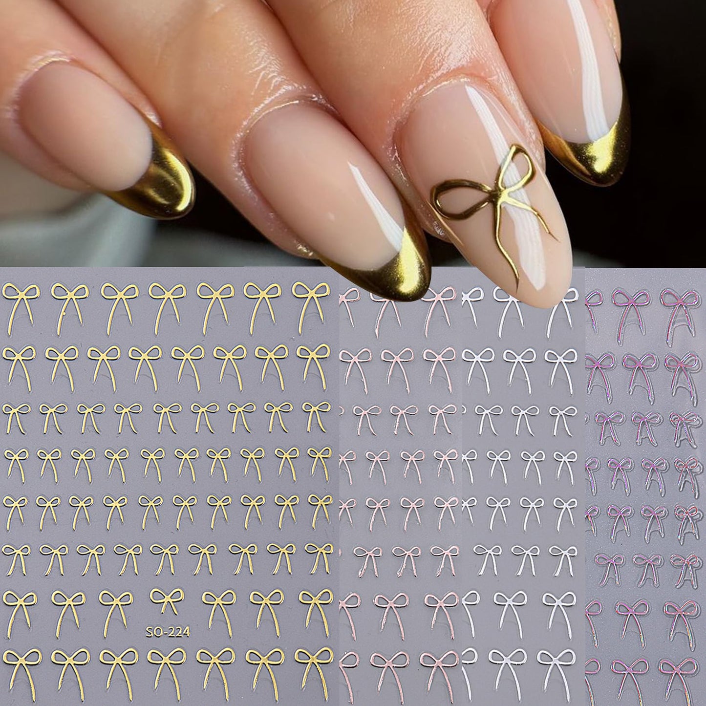 Bow Nail Art Stickers Decals 16 Sheets Red Ribbon Stickers for Nails Cute Gold Silver Pink Black White Bows Decals 3D DIY Self-Adhesive Nail Designs Manicure Decorations Accessories for Women