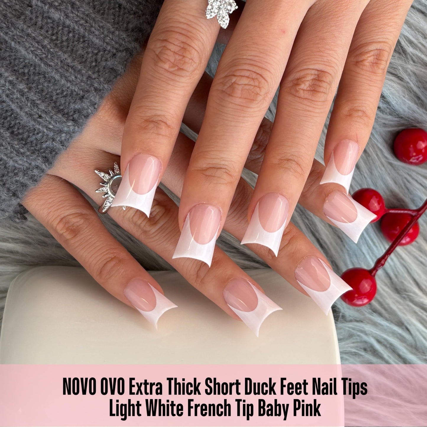 NOVO OVO Duck Nails Short with Moon Curve Light White French Tips BABY PINK Full Cover for Press on Acrylic, Thick Flare Wide French Soft Gel Fake False Nail Extension x 15 Sizes 240 pcs