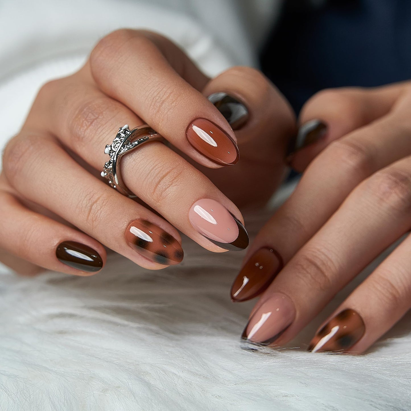 CurvLife Medium Almond Press On Nails, Soft Gel Salon Quality Fake Nails, Nude Pink Brown Tortoiseshell Design, Reusable Full Cover Press Ons for Women