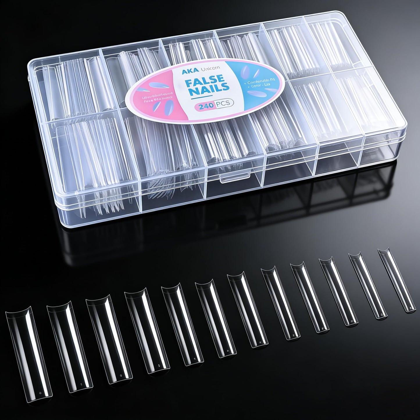 AKA Unicorn XXXL Long Square Soft Gel Nail Tips, 240Pcs Half Cover Clear Nail Extensions, 12 Sizes Pre-Shaped Clear Press On False Nails for DIY, Nail Tech & Salon Use