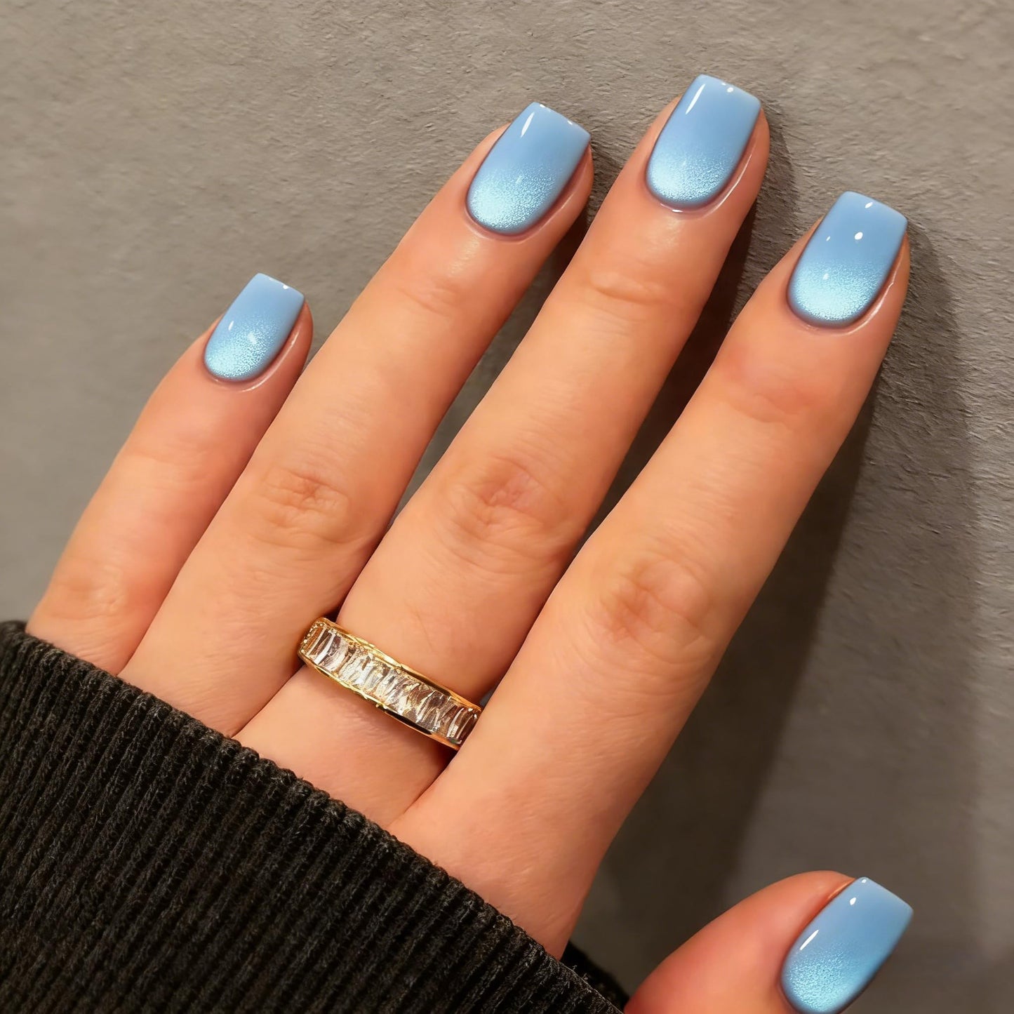 KQueenest Cat Eye Press On Nails Short - Light Blue Press On Nails Square, 30 Pcs 15 Sizes Sparkly Glitter Fake Nails Press ons, Thick Quality, Reusable Small Baby Blue Glue on Nail for Women Summer