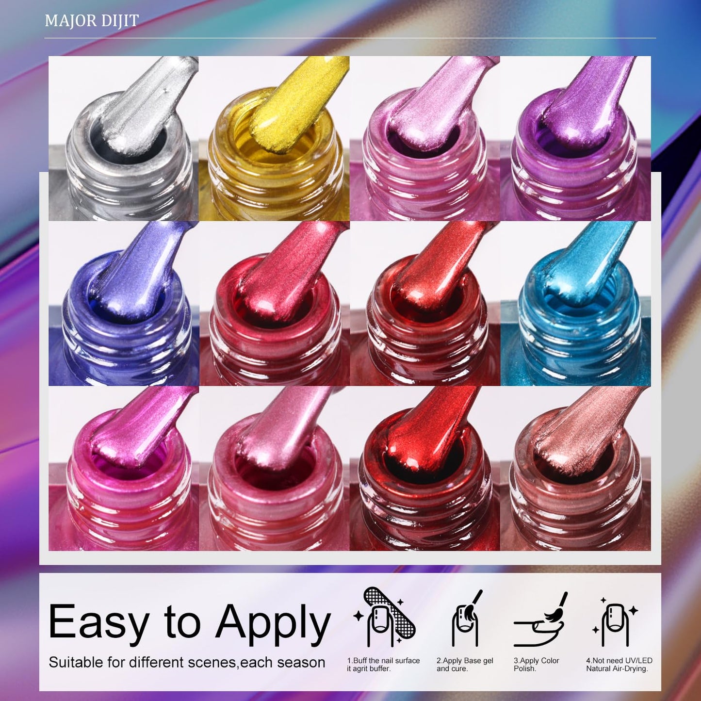 DouborQ Metallic Nail Polish Set, 12 Colors Mirror Chrome Glitter Nail Polish 0.35 FL.oz/10ml Holographic Gold Silver Pink Red Purple Manicure
