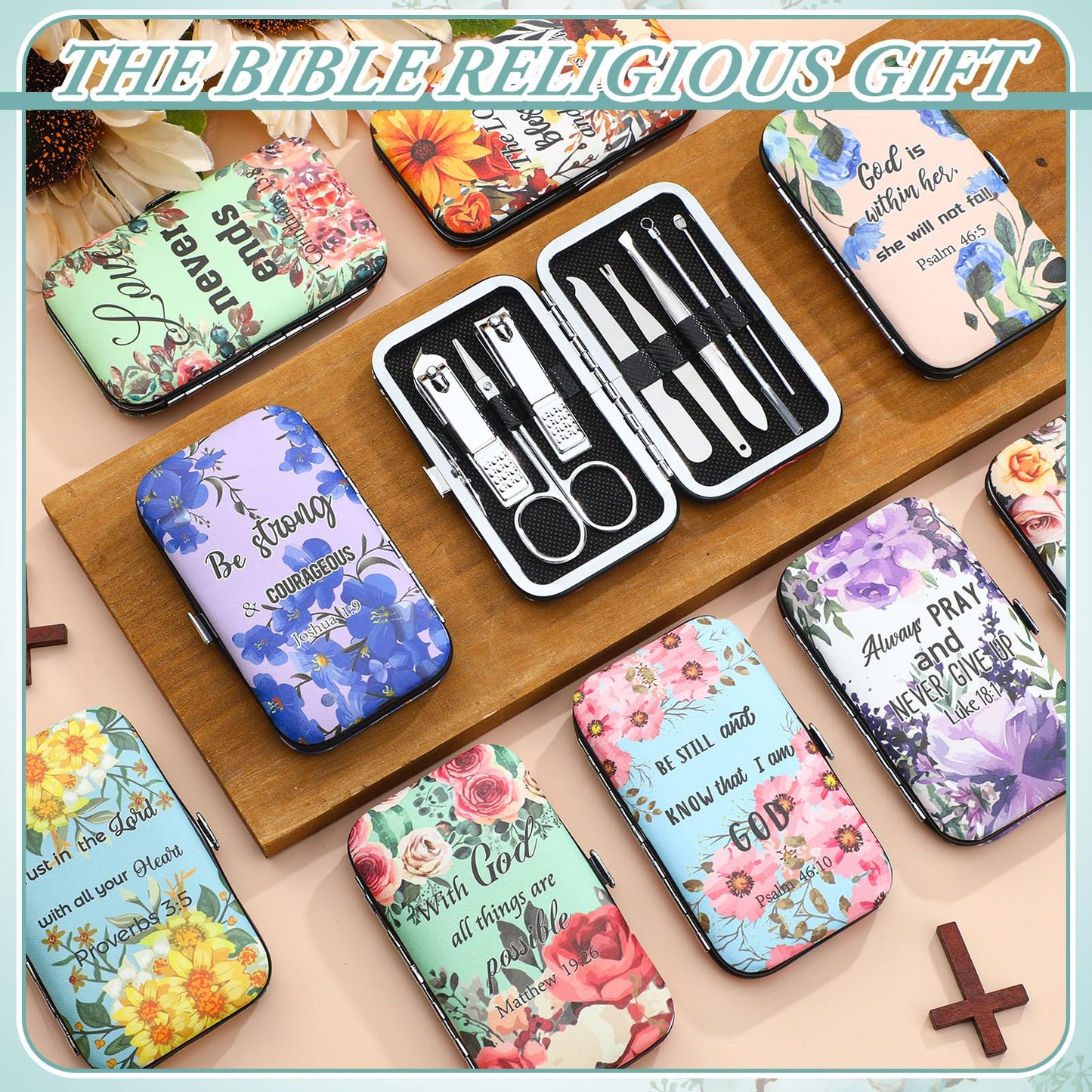 Lanties 10 Sets Christian Gifts for Women Bulk Bible Verse Scripture Manicure Sets Floral Stainless Steel Nail Clipper Set Religious Gift for Employee Staff Women Christmas Party Supplies