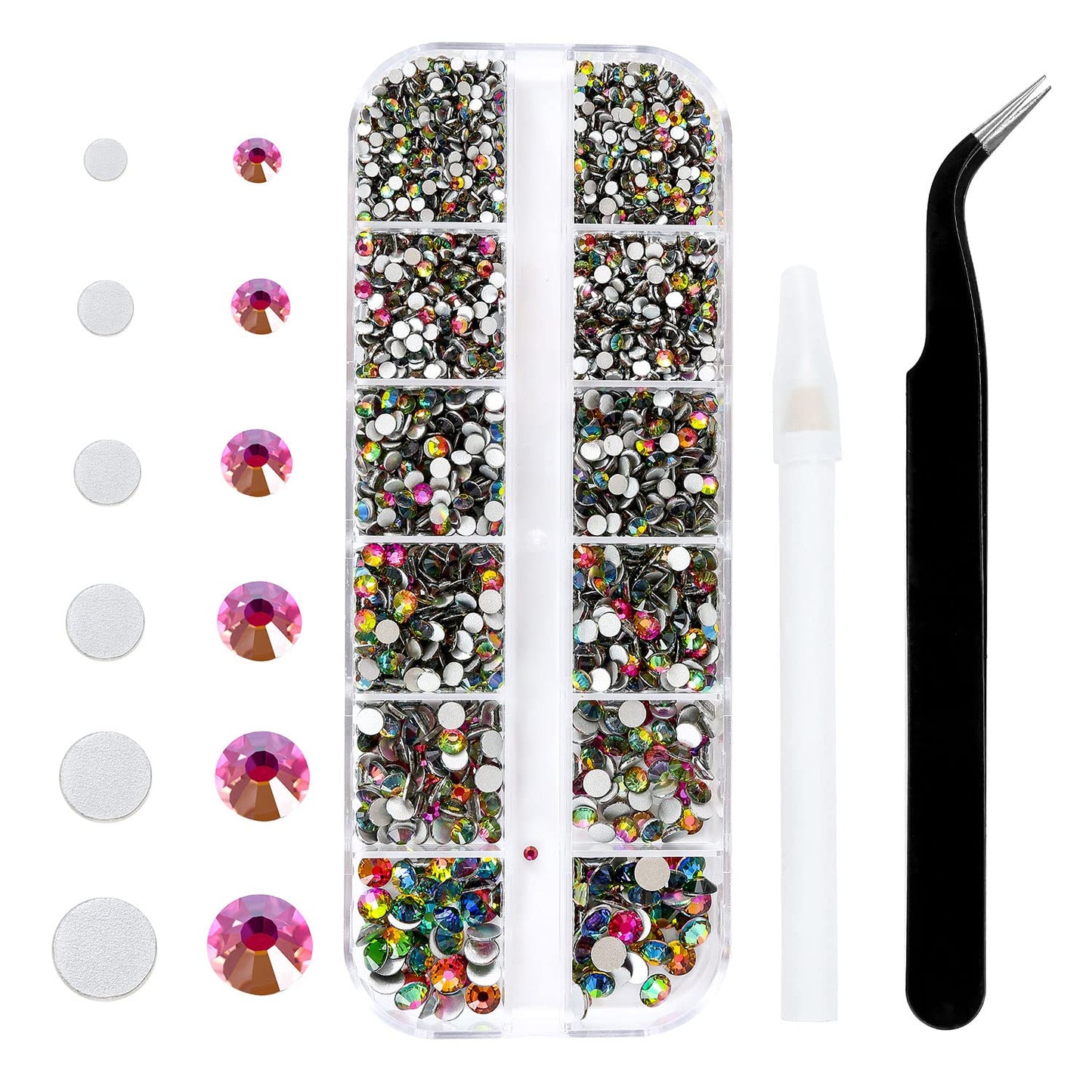 Meibite Rainbow Glass Flatback Rhinestones for Nails, Crafts & Clothes – 4240PCS 6 Sizes (SS6–SS20) Crystal Gems Kit with Tweezers & Picker, Non Hotfix DIY Rhinestones for Tumblers, Shoes, Nail Art