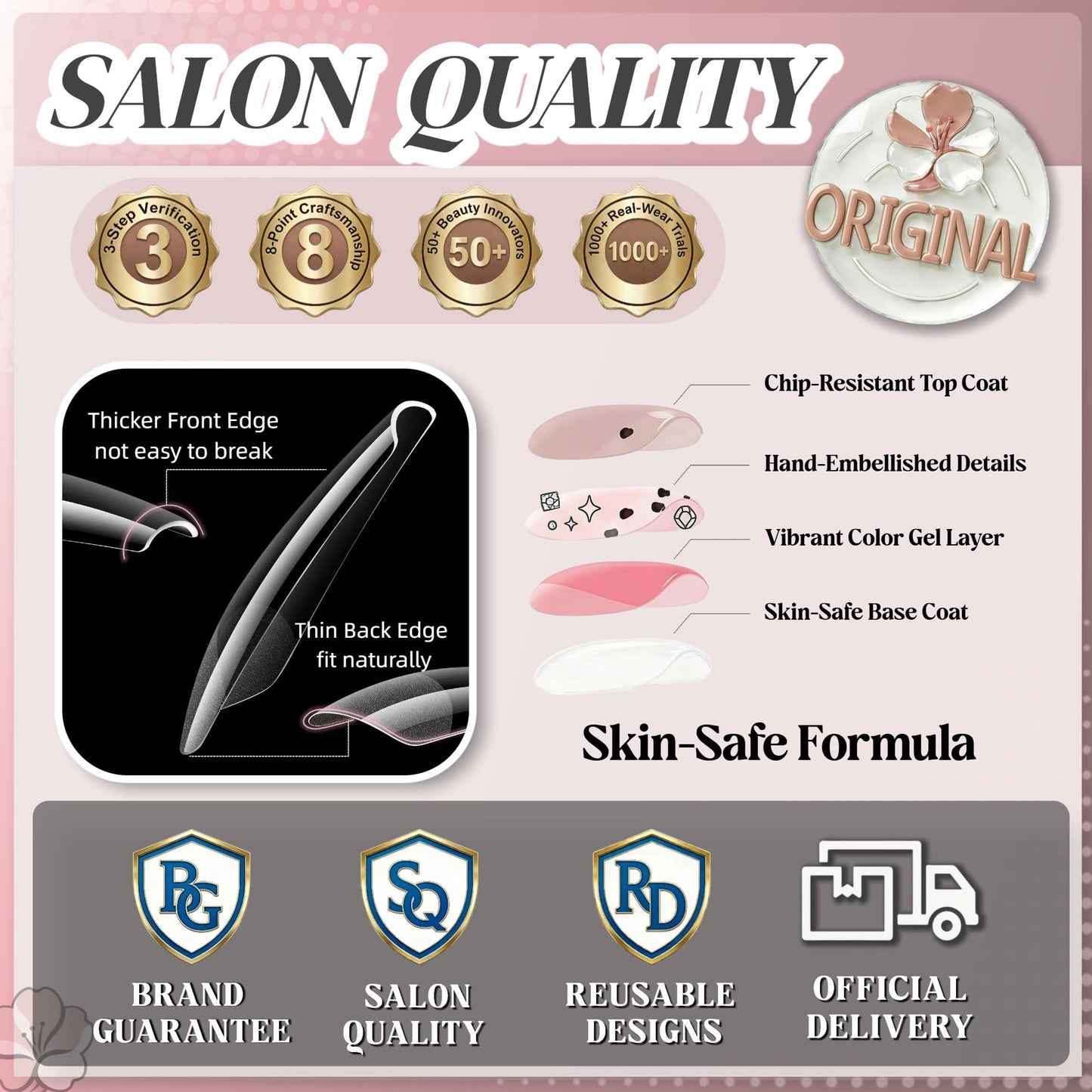 Taoyisent Nude Pink French Tip Press On Nails Short Square Glossy, Floral Fake Nails with Glitter Accent, Reusable Full Cover Stick On Nails for Women Wedding Office Daily Wear, 24PCS