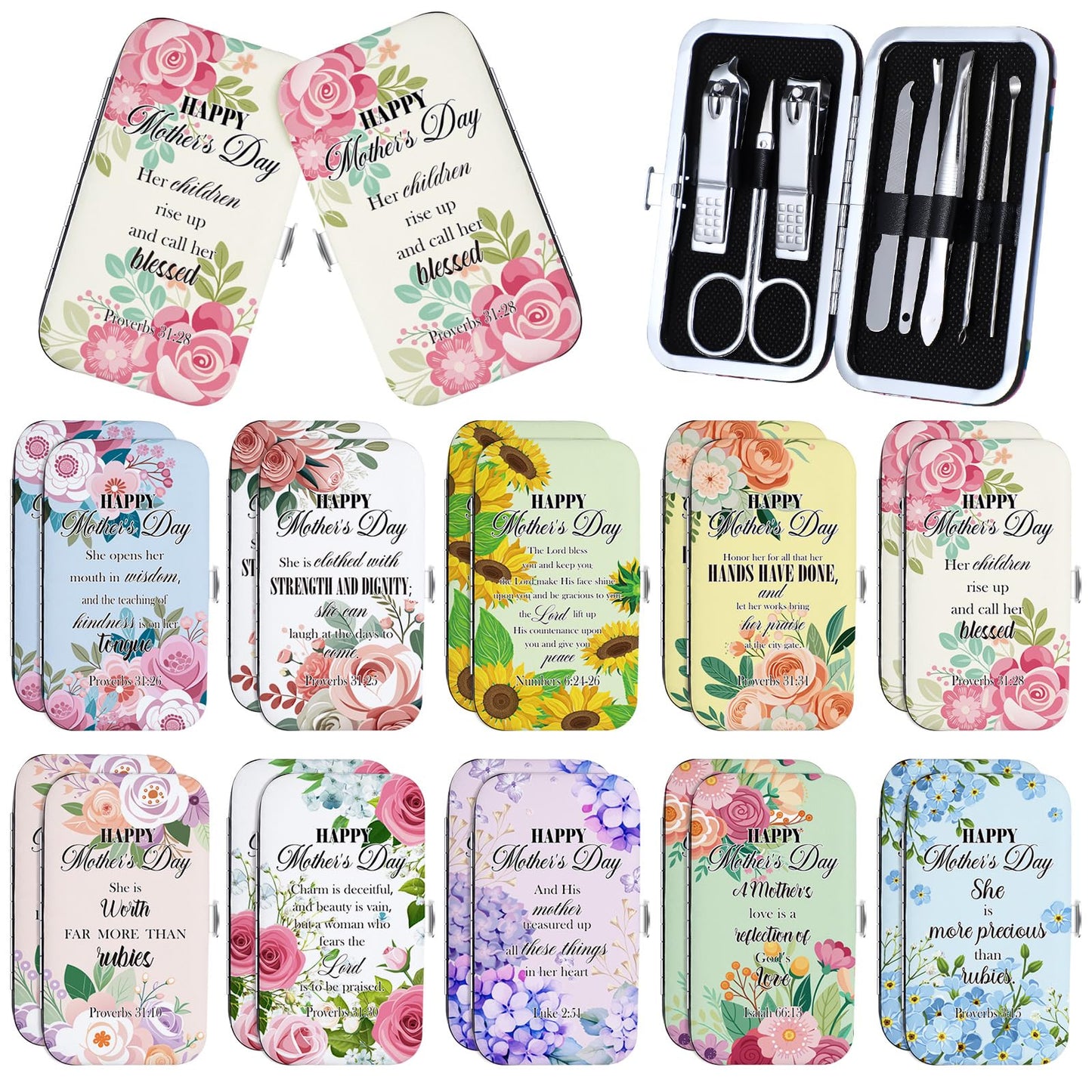 Chumia 20 Sets Mother's Day Christian Nail Set Bulk Bible Scripture Manicure Kit Stainless Steel Nail Clipper Set Happy Mother's Day Floral Religious Christian Gift for Mom Women Church Supplies