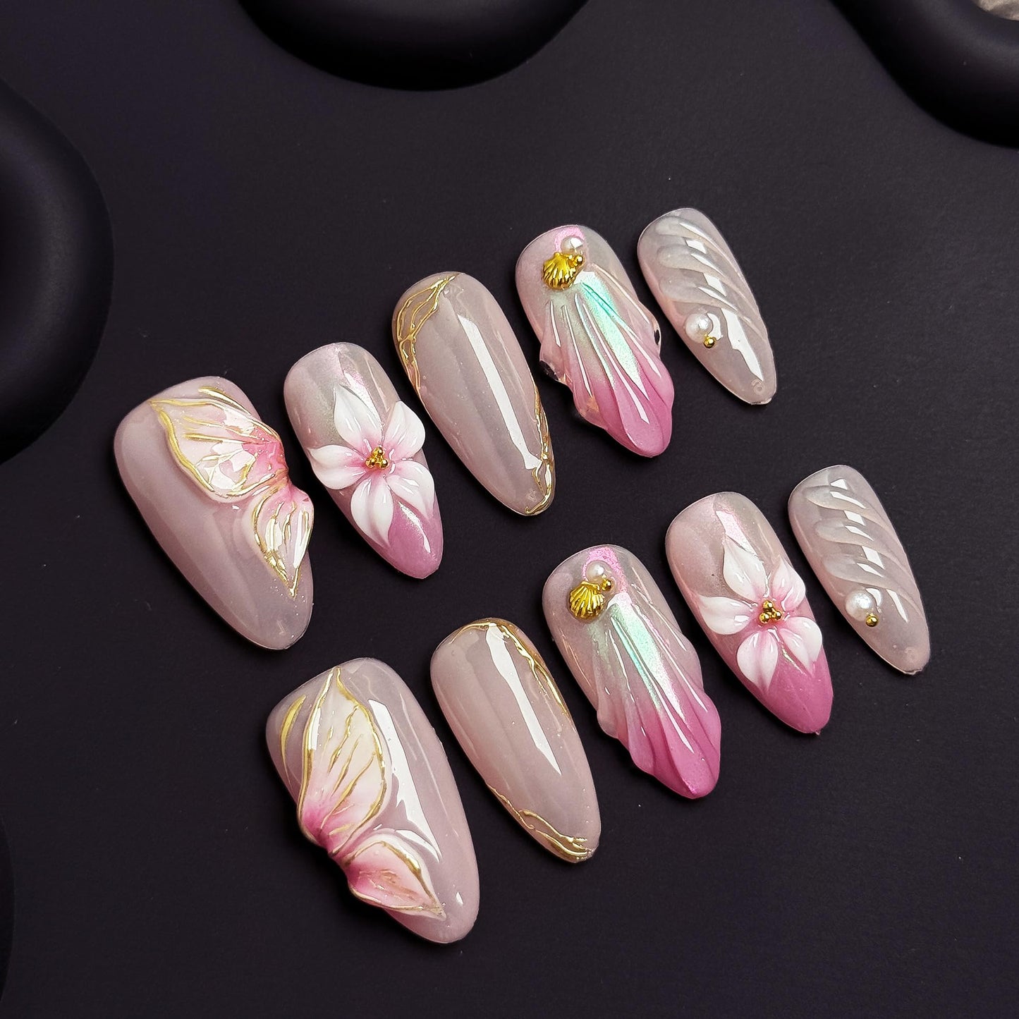 10 Pcs Press On Nails 3D Floral Pink Yellow Gradient Aurora Petal Gold Accent Soft Glam Artistic Fake Nails, Acrylic/UV Gel Romantic Summer Blossom Pastel Iridescent Wearable Nails (Multicolor, M)