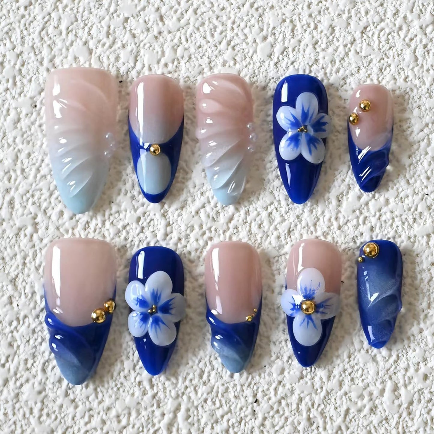 Luxury Press on Nails Medium Almond Handmade 3D French Tip Unique Reusable ABS Material Fake Nails Blue False Nails with Designs Pearls Floral Art Petal Glossy Glue on Nails Thick Acrylic Nails(S)