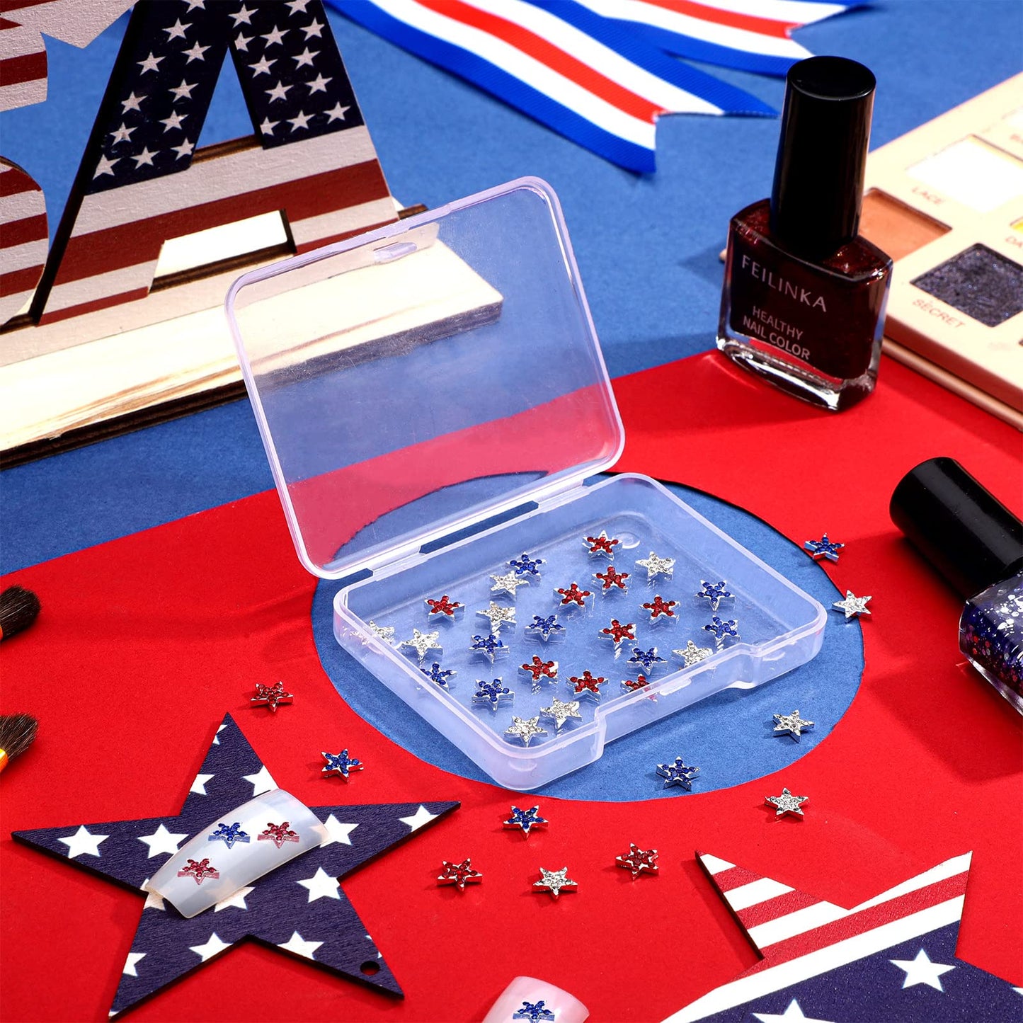 Leelosp 36 Pcs Star Shaped Nail Charms 4th of July for 250th Anniversary, Patriotic Red White Blue 3D Alloy Rhinestones, DIY Nail Art Gems, Independence Day Jewelry for Women