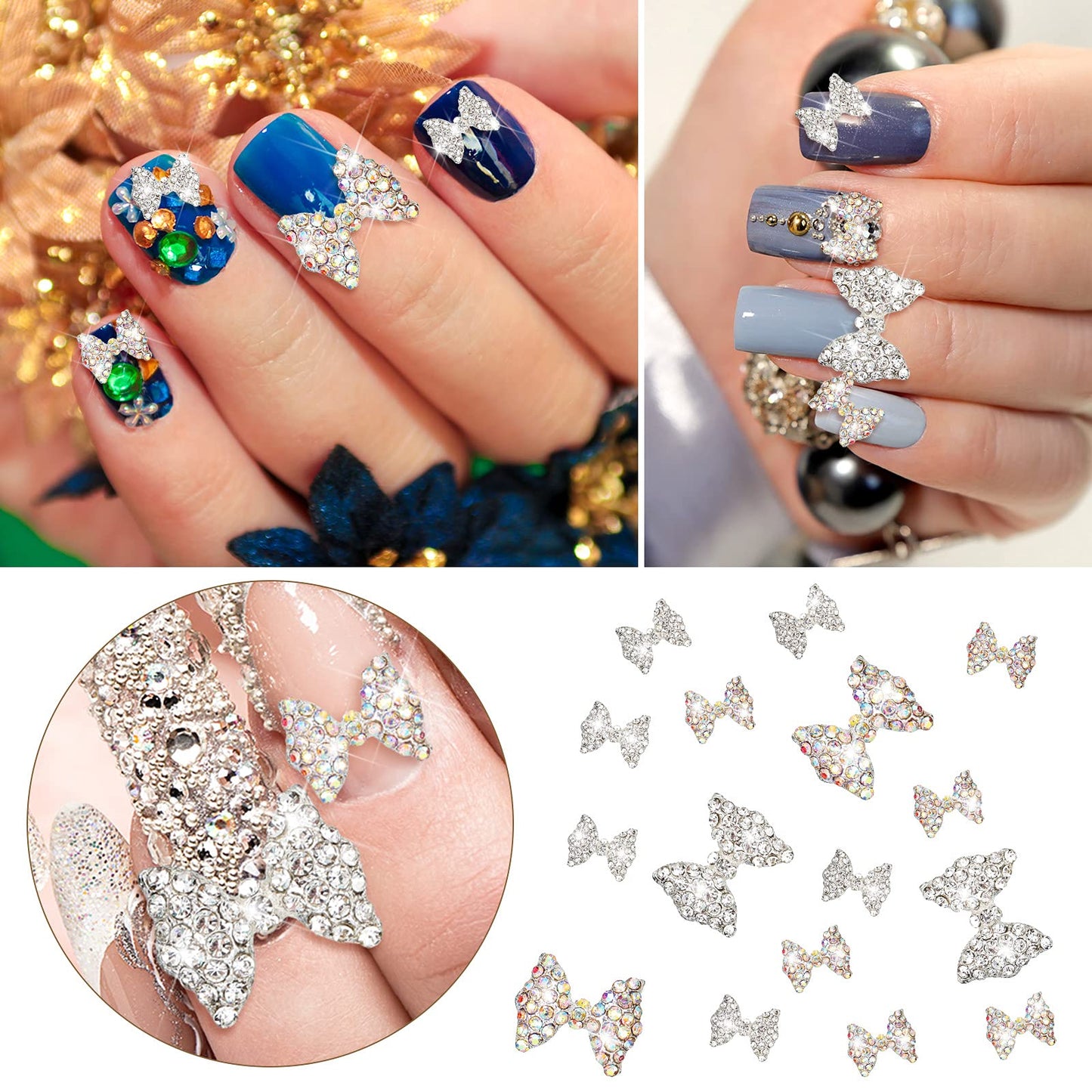 Maitys 24 Pieces Nail Bows Charms Rhinestones 3D Charms Alloy Pearl Bow Knot Accessory for Valentine's Day Women DIY Xmas Salon Jewelry Craft(Silver, Laser)